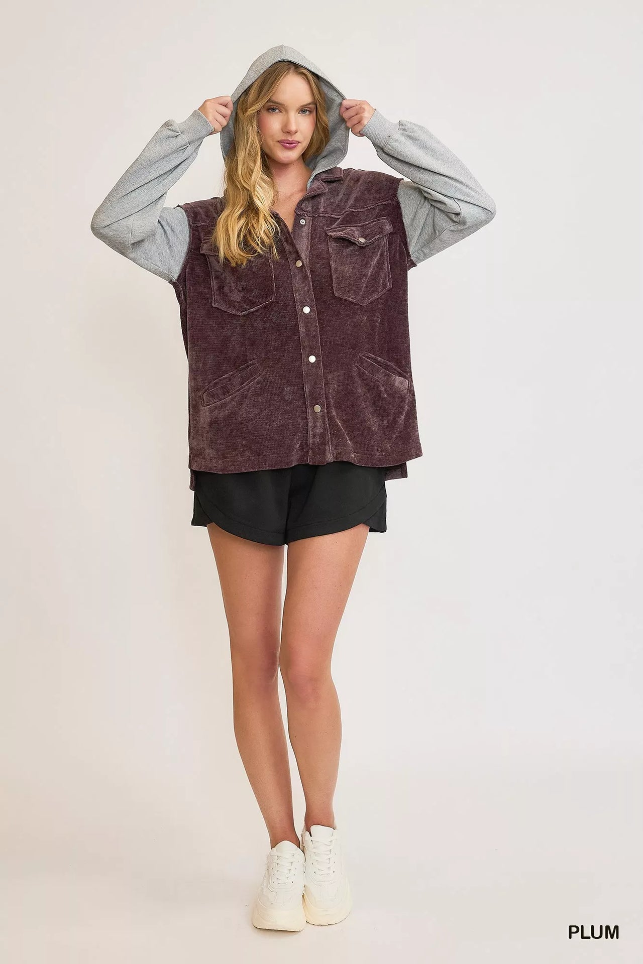 Umgee Contrast Hooded Chenille Jacket