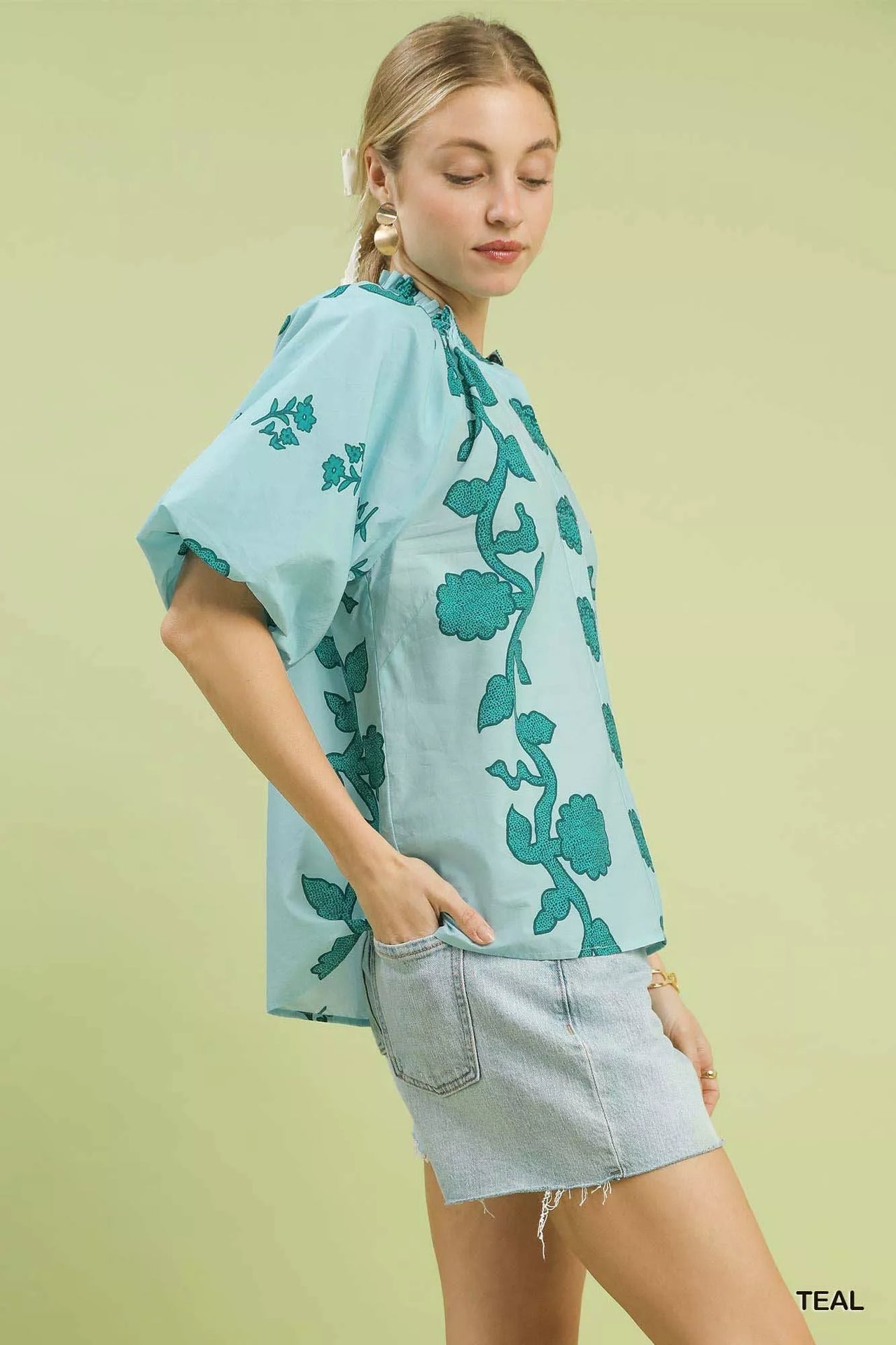 Umgee Floral Smocked Notched Puff Sleeve Blouse