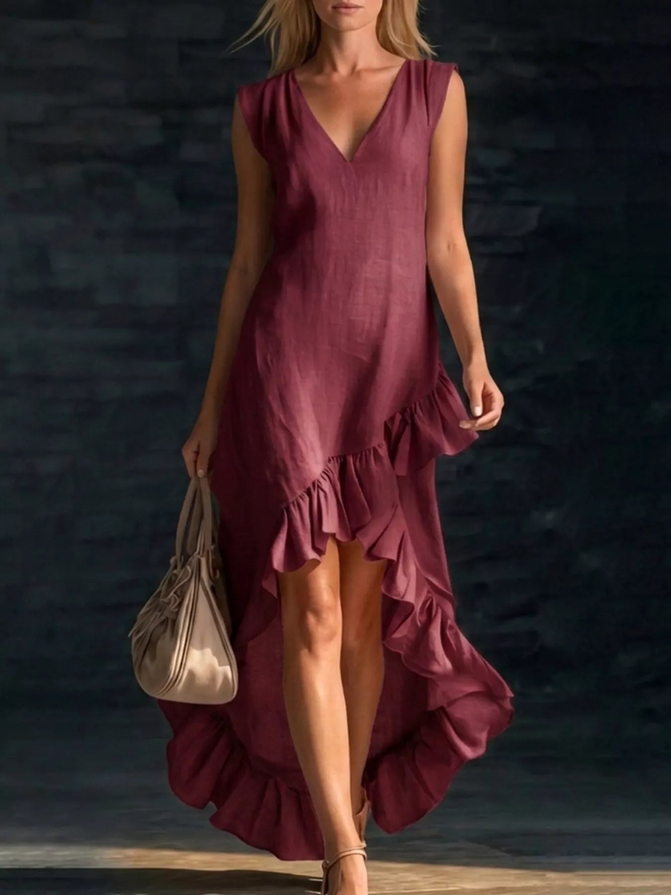 Full Size V-Neck Ruffle Hem High-Low Dress Plus Size