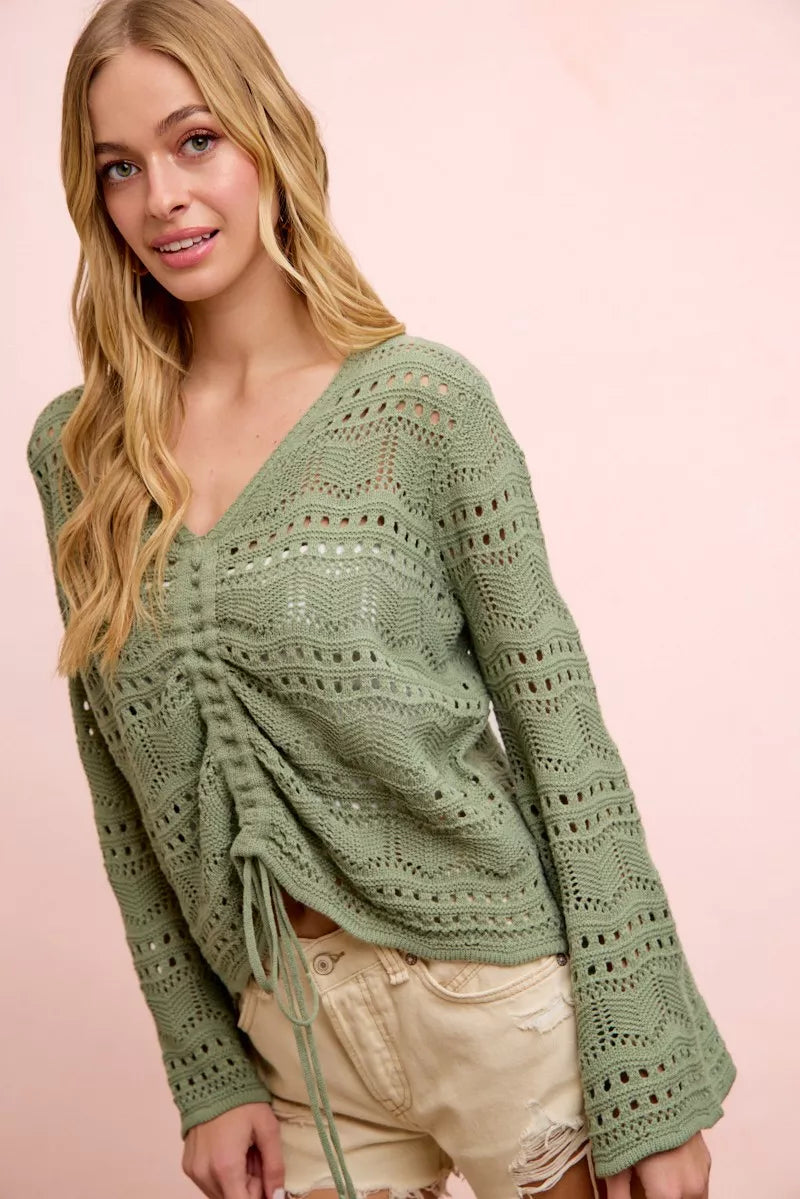BiBi Pointelle Knit V Neck Ruched Front Lightweight Top