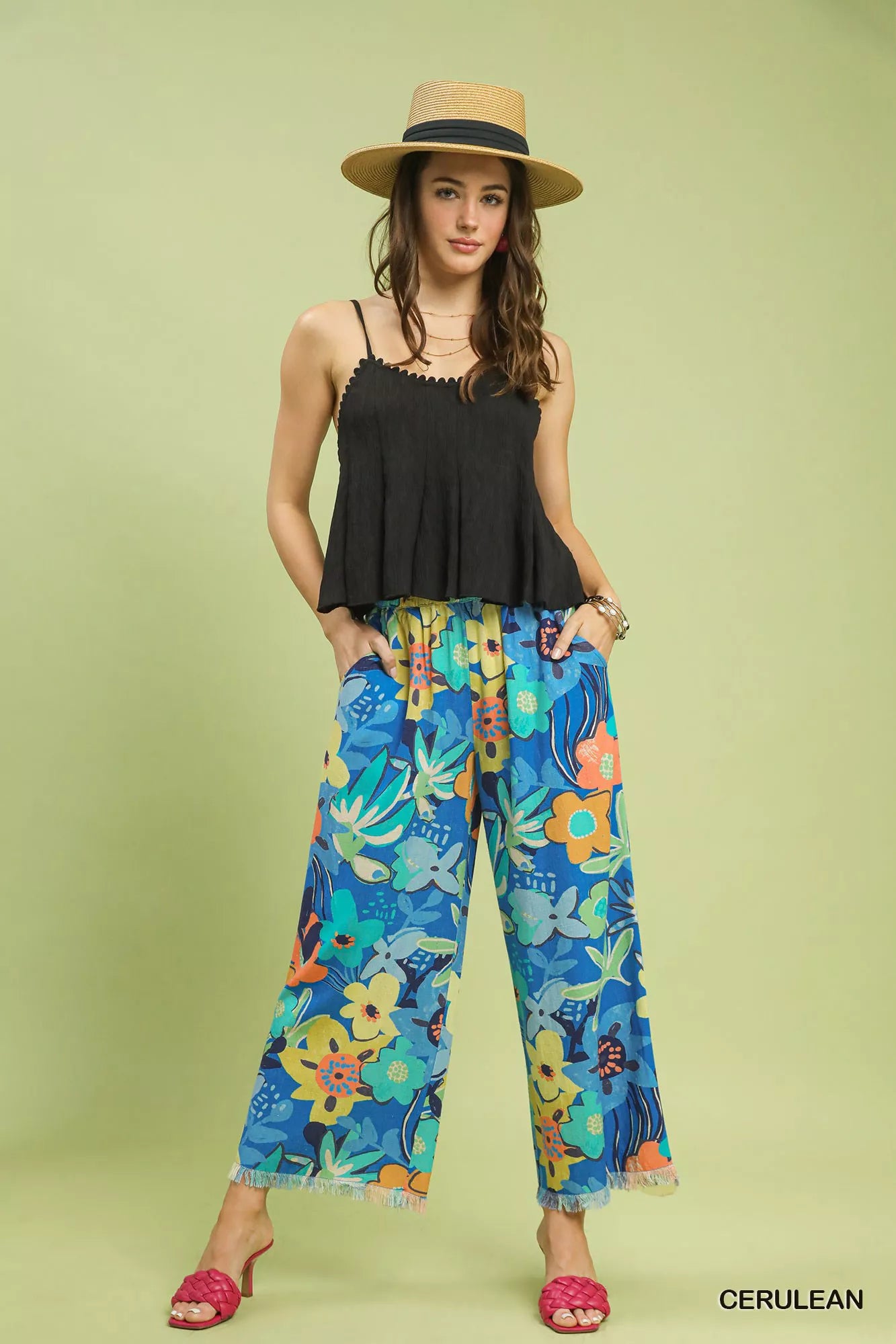 Umgee Floral Print Wide Leg Pants