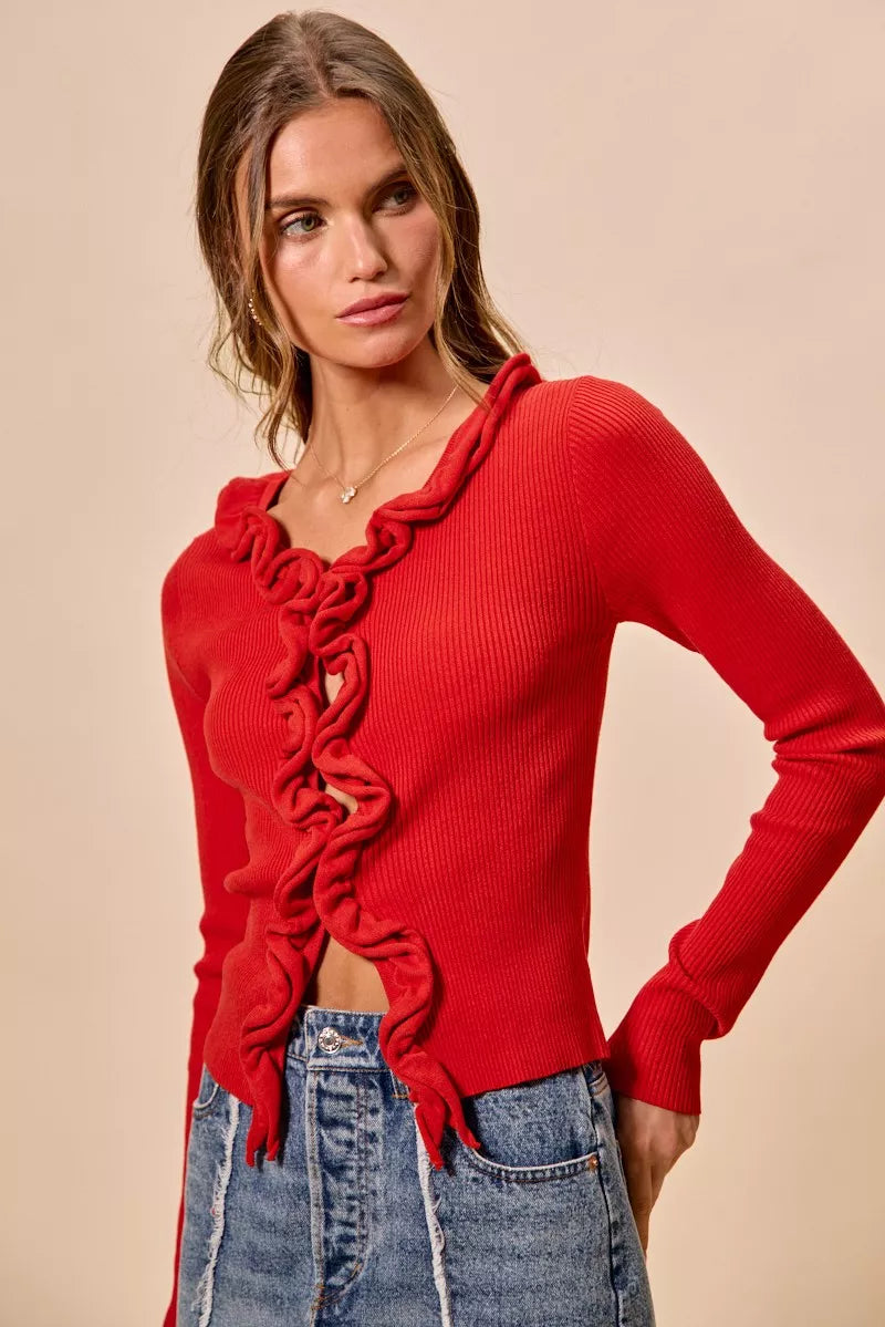 SO ME Cascade Ruffle Ribbed Sweater Cardgian