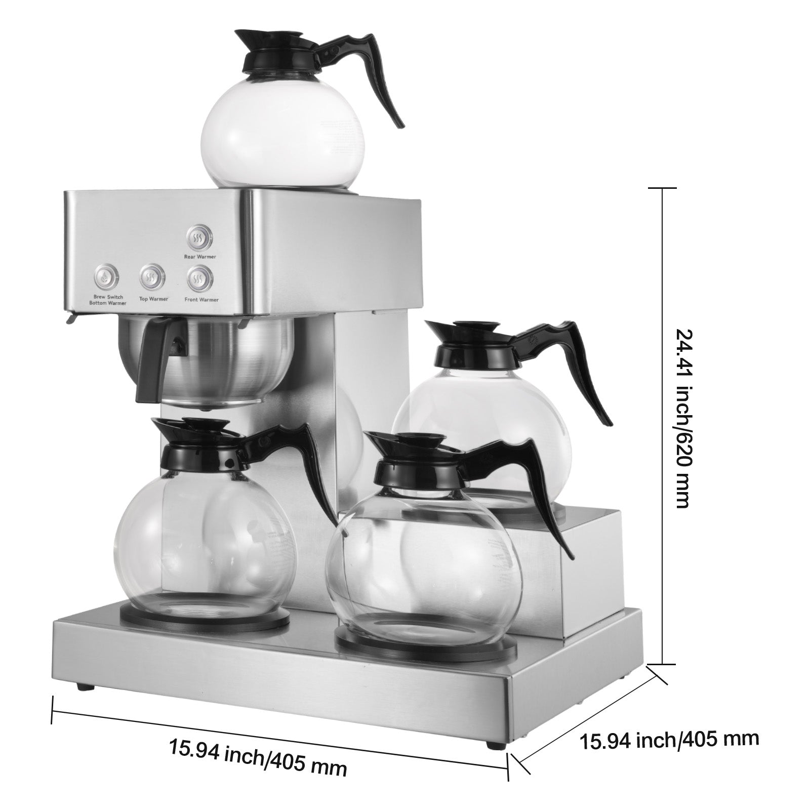 Commercial Drip Coffee Maker, 12 Cups Coffee-Maker Machine with 4 Glass Carafes and 4 Decanter Warmer Plates, Stainless Steel Drip Style Coffee Brewer, for Restaurant, Office, Coffee Shop & Home
