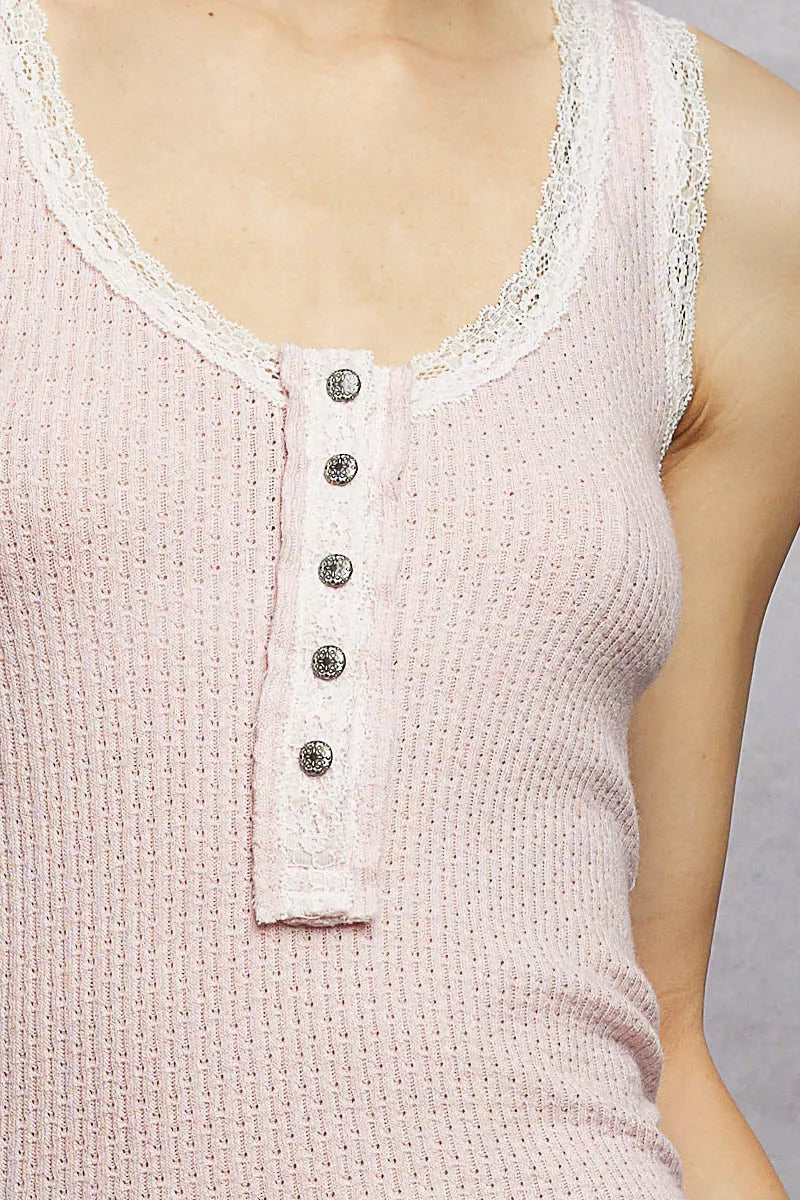 POL Lace Trim Tank with Front Button Closure