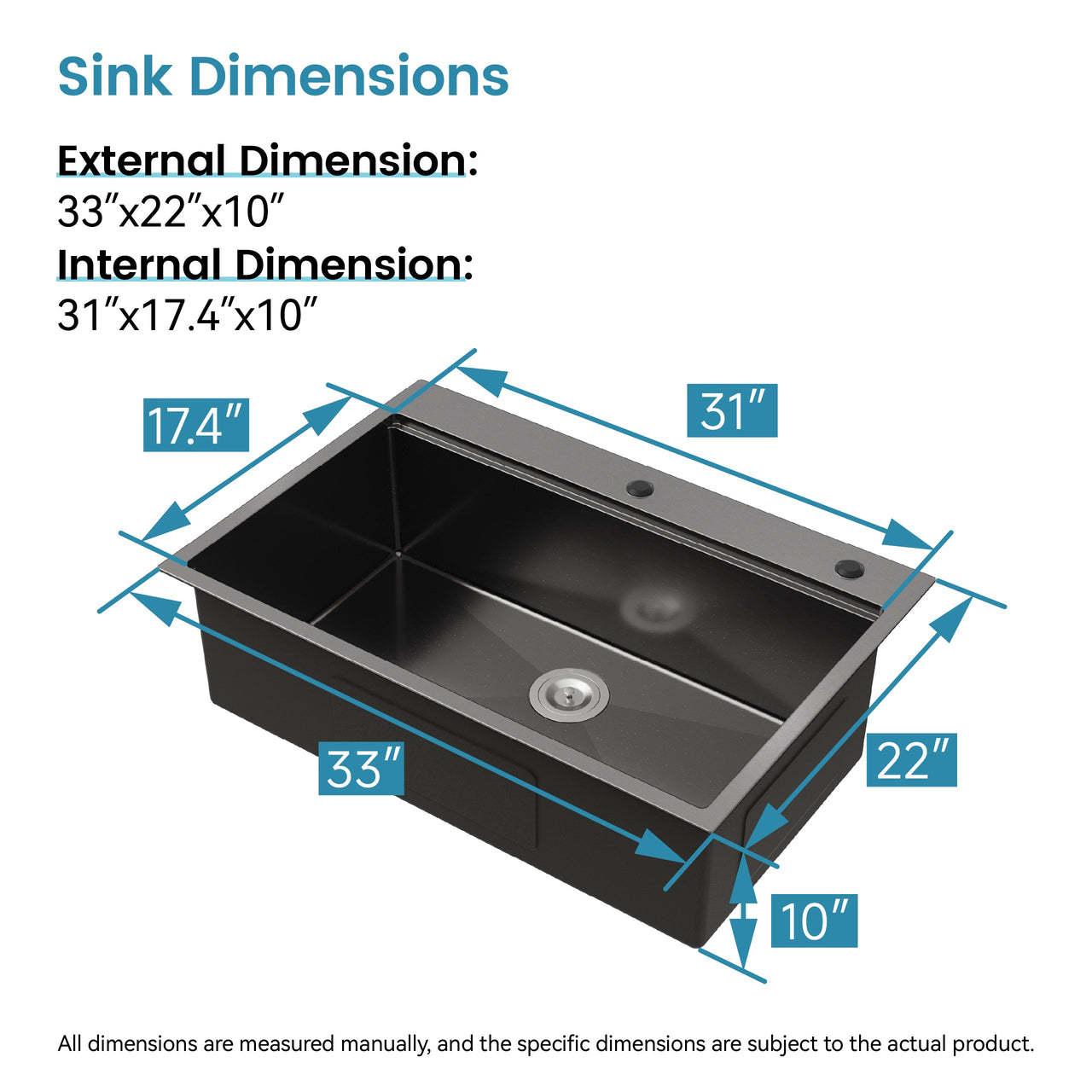 Stainless Steel Kitchen Sink, 33″x22″ Single Bowl, Overmount Handmade Sink in Black, with Cutting Board, Colander, Grid, SS-BL-01