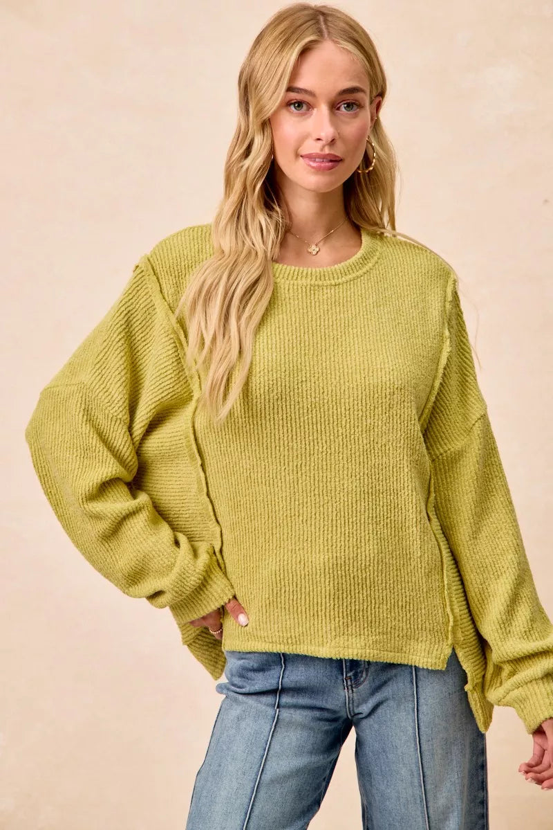 BiBi Boucle Rib Knit Uneven Hem Sweater With Open Seam