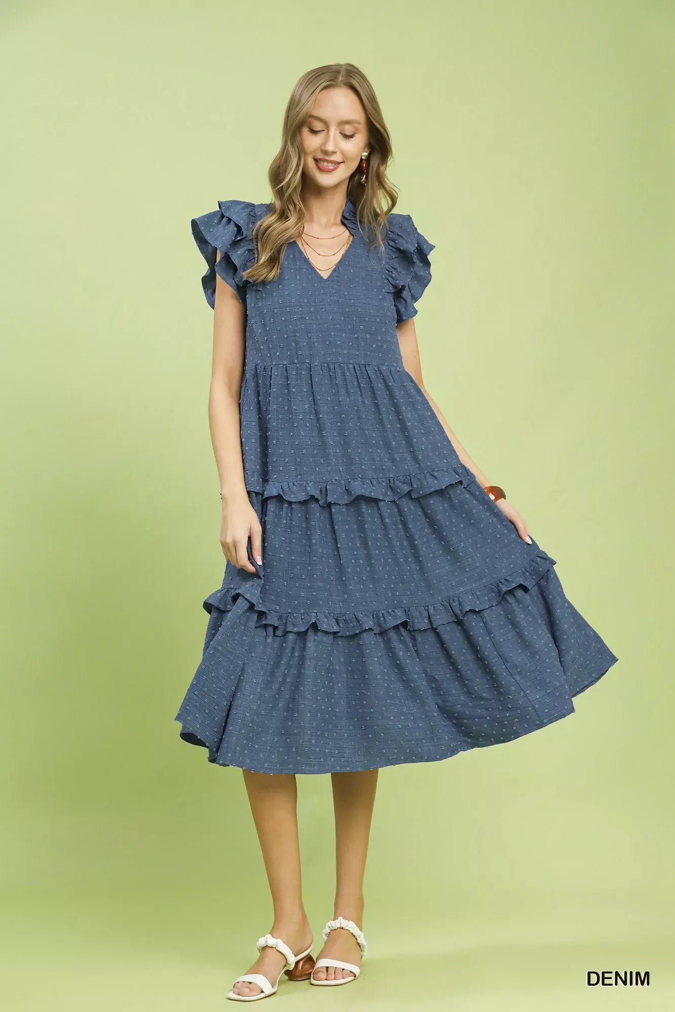 Umgee Textured Ruffle Sleeve Tiered Midi Dress