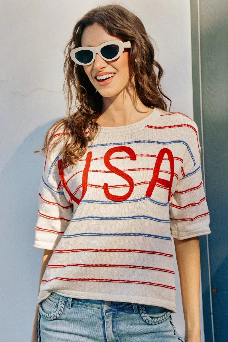 SO ME Usa Stripe Knit Short Sleeves Sweater Top
