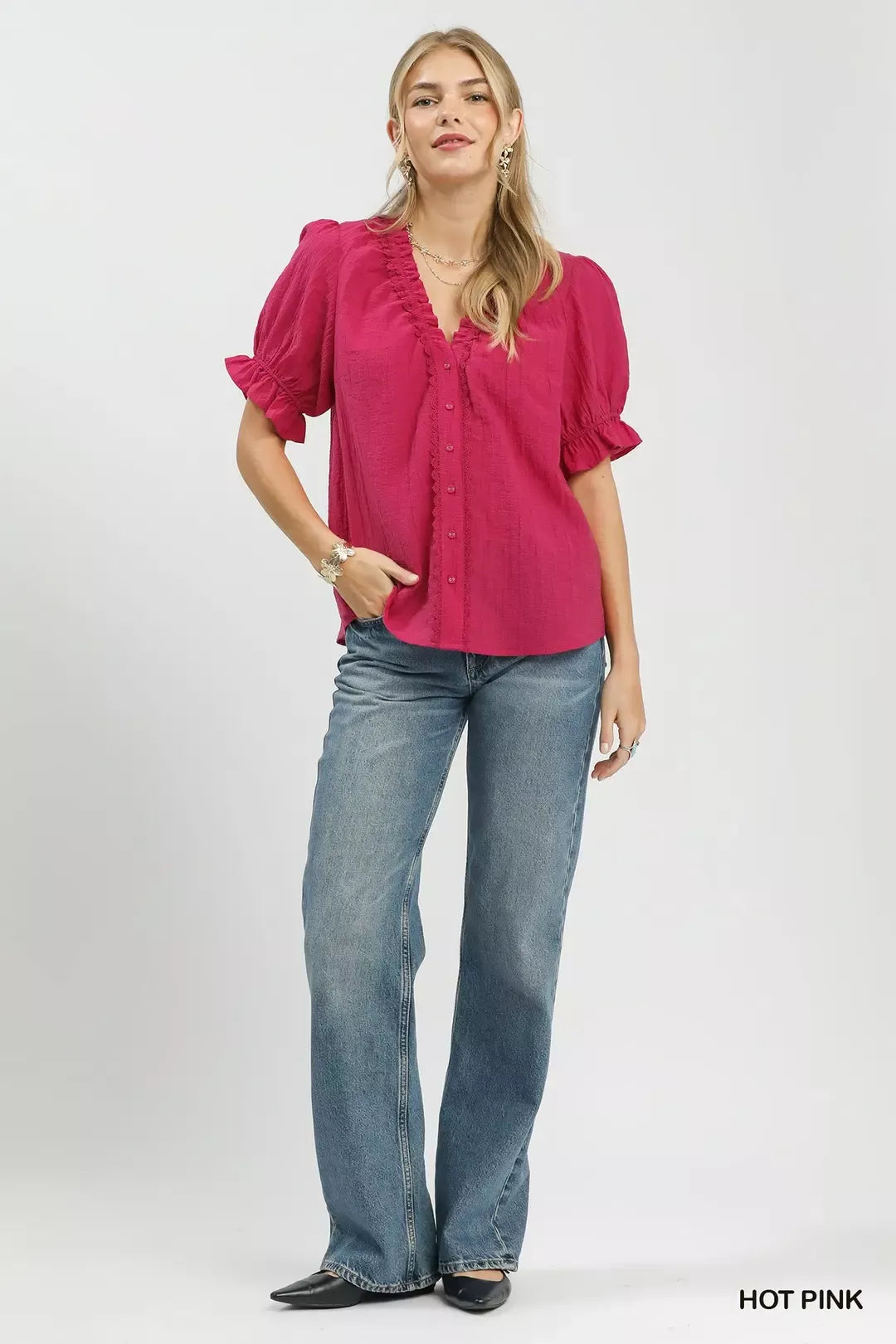 Umgee Textured Button-Front Puff Sleeve Top