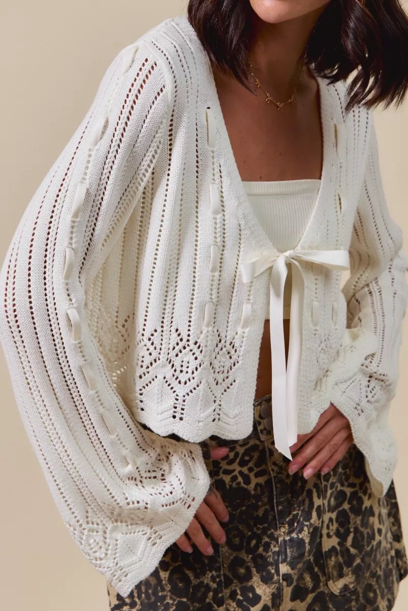 SO ME Textured Sweater Open Front Ribbon Tie Cardigan