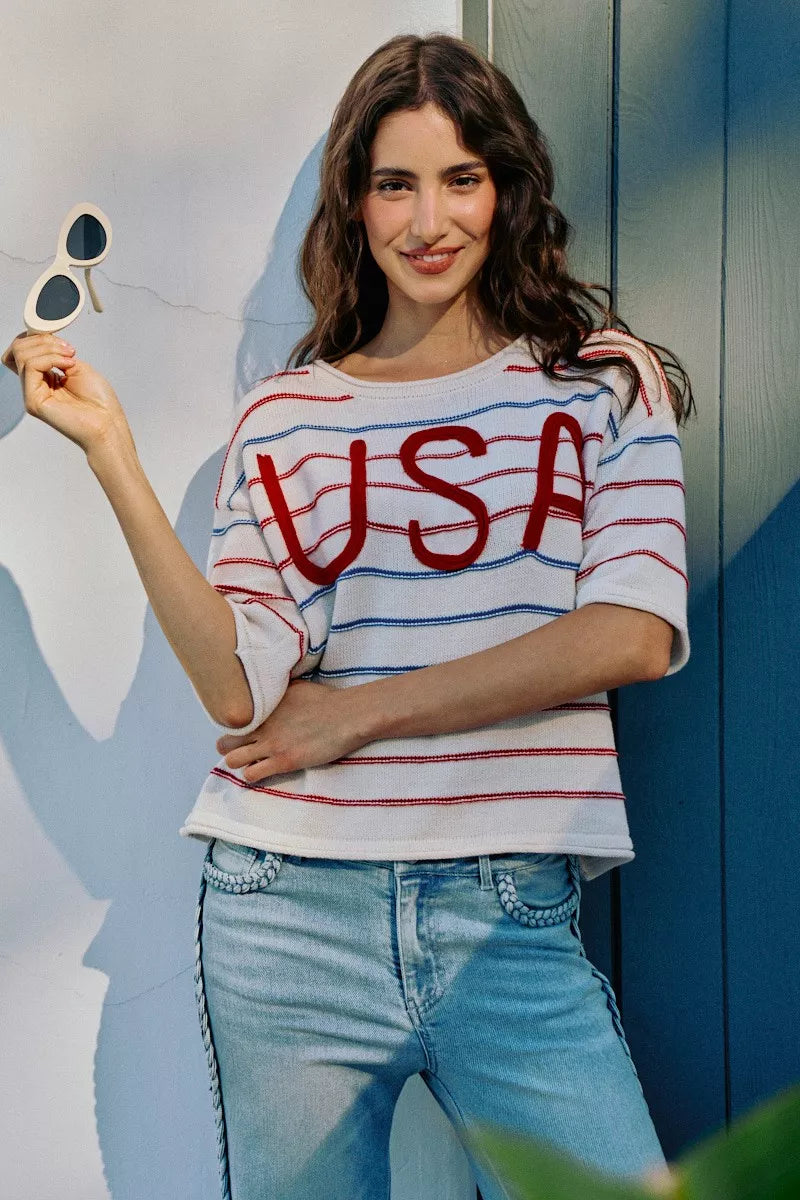 SO ME Usa Stripe Knit Short Sleeves Sweater Top