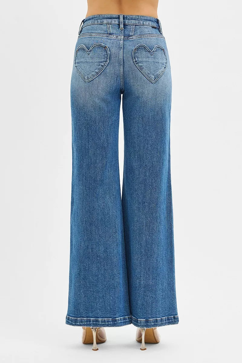 RISEN High Rise Wide Leg Jeans with Front Yoke and Heart Back Pocket