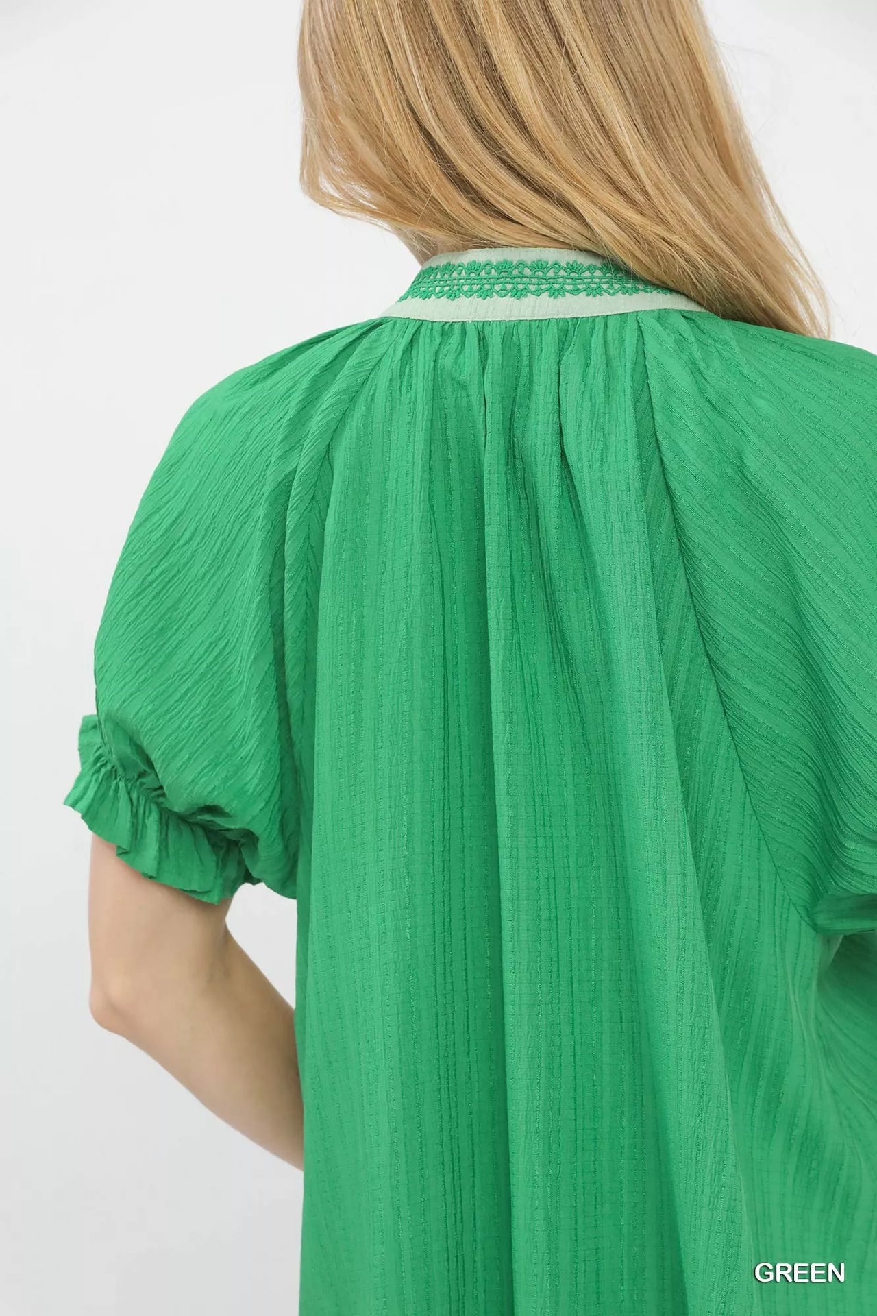Umgee Textured V-Neck Top with Lace Trim Details