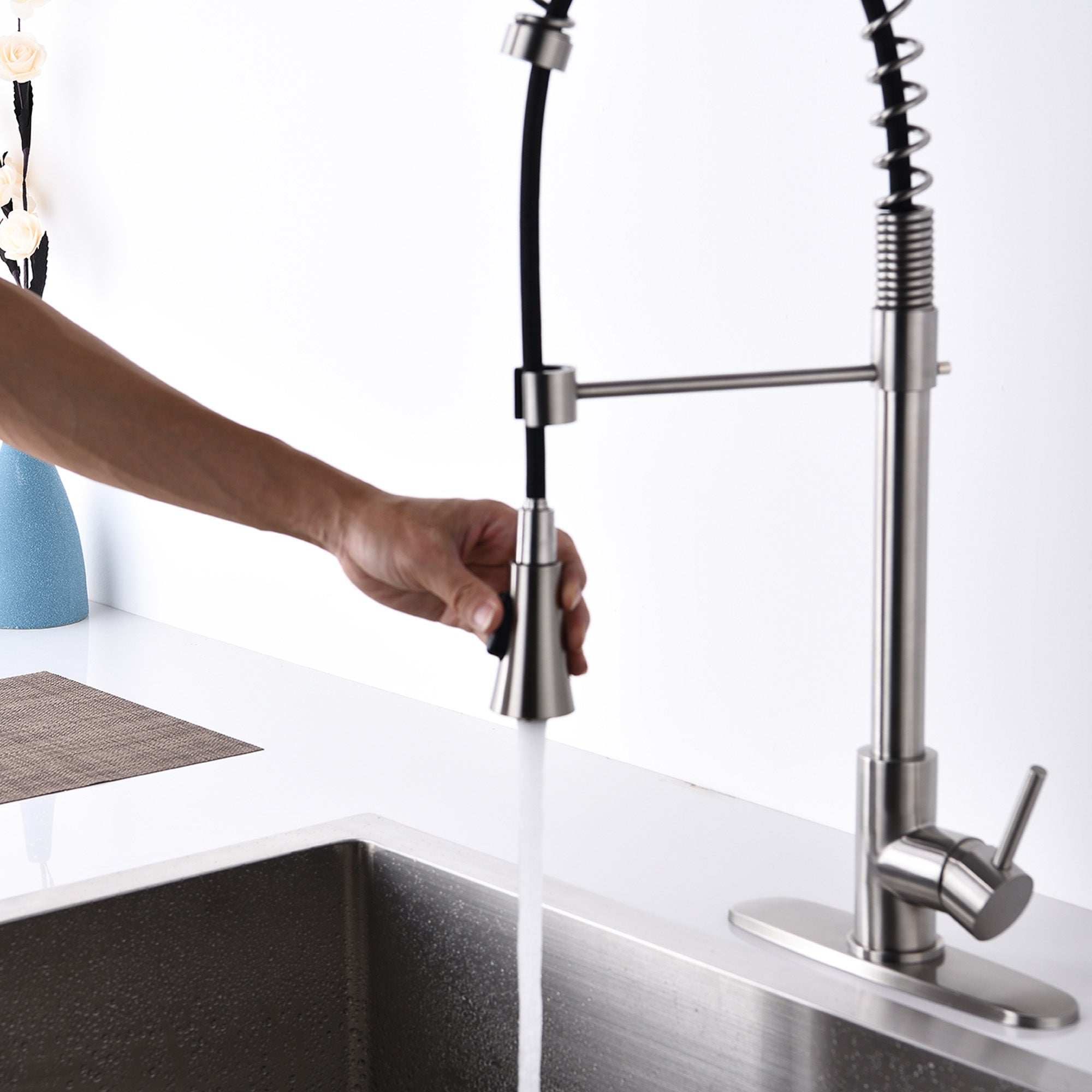 Modern Brushed Nickel Single Handle Spring High Arc Kitchen Faucet with Water Filter System, Stainless Steel