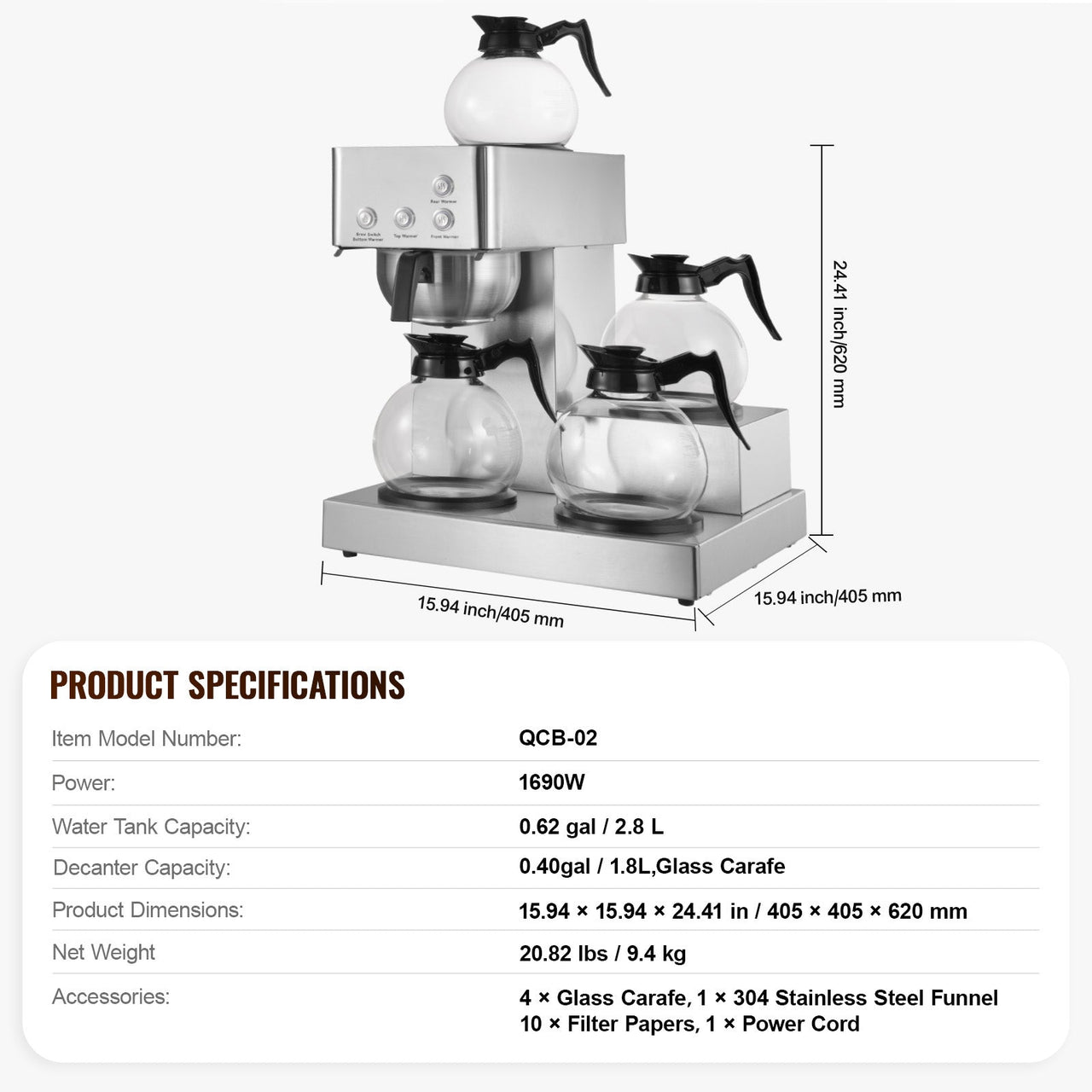 Commercial Drip Coffee Maker, 12 Cups Coffee-Maker Machine with 4 Glass Carafes and 4 Decanter Warmer Plates, Stainless Steel Drip Style Coffee Brewer, for Restaurant, Office, Coffee Shop & Home