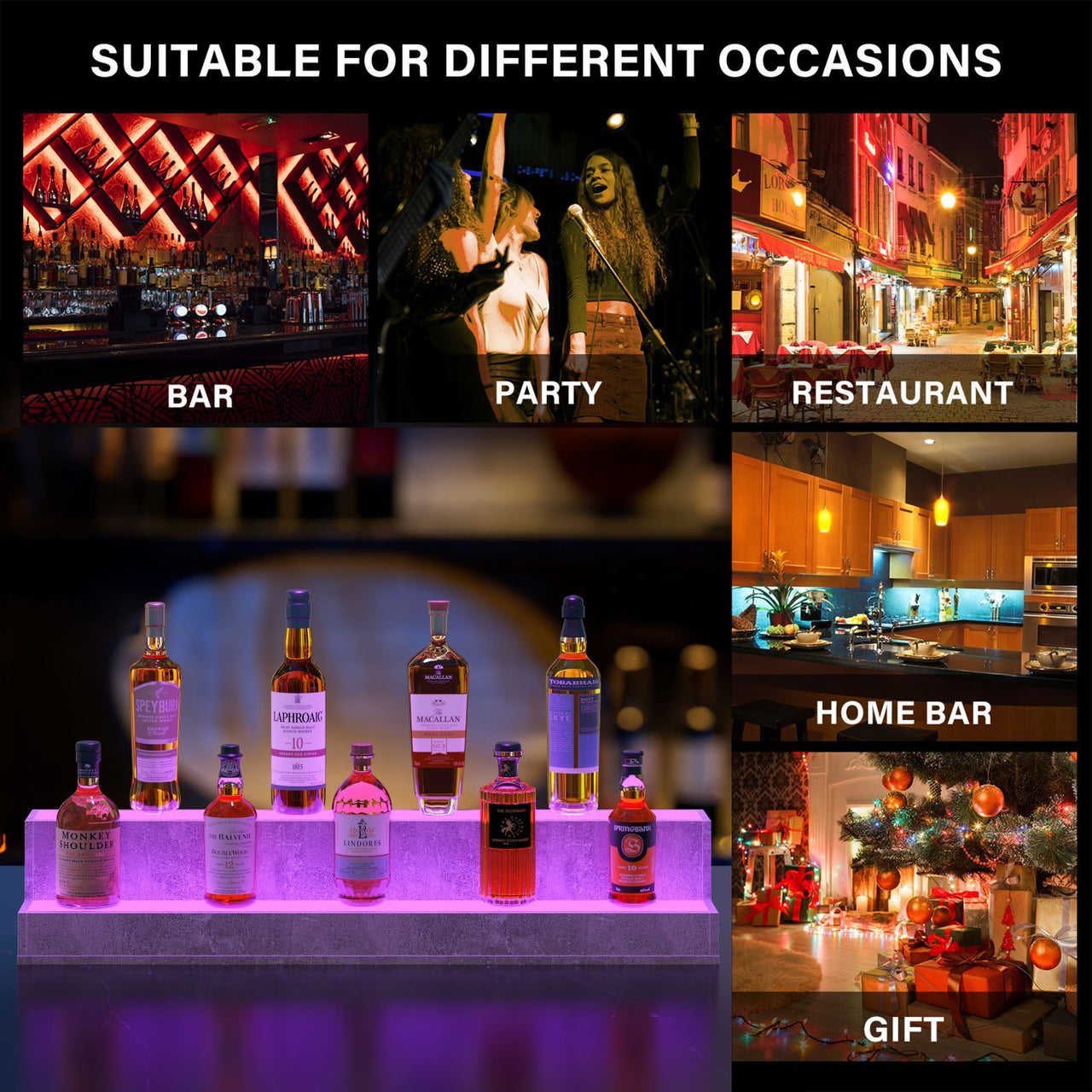 LED Lighted Liquor Bottle Display Shelf, 37 Inch Bar Display Shelf, DIY Illuminated Bottle Shelf with App & Remote Control, 2 Step Freestanding Holding Bottles for Home Bar, Party, Grey