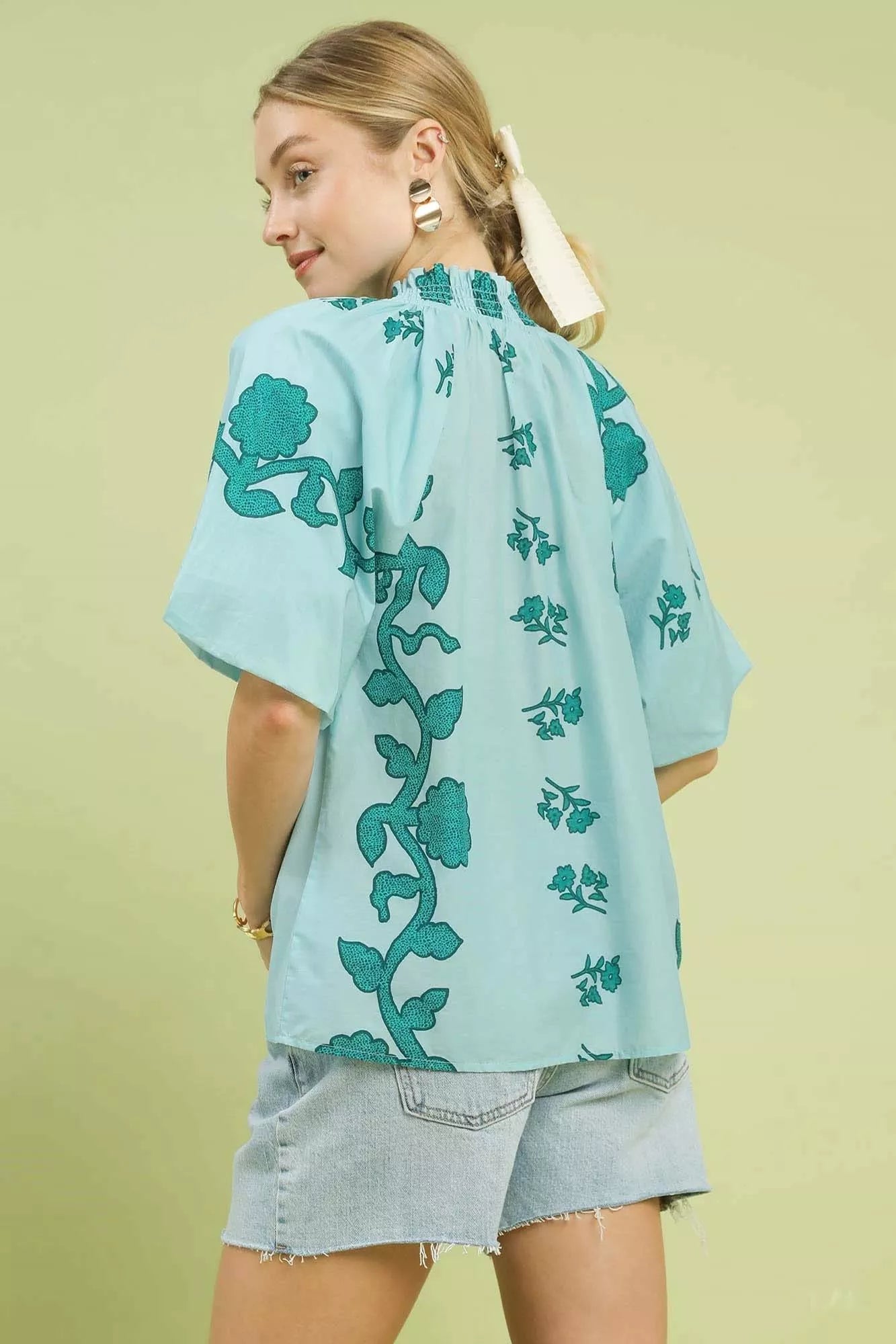 Umgee Floral Smocked Notched Puff Sleeve Blouse