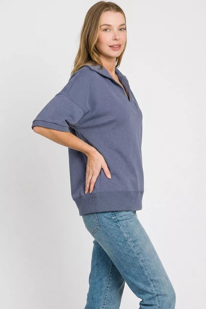 Zenana Scuba Collared Short Sleeve Pullover