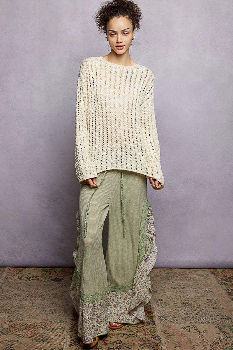 POL Openwork Round Neck Knit Top with Shiny Detail