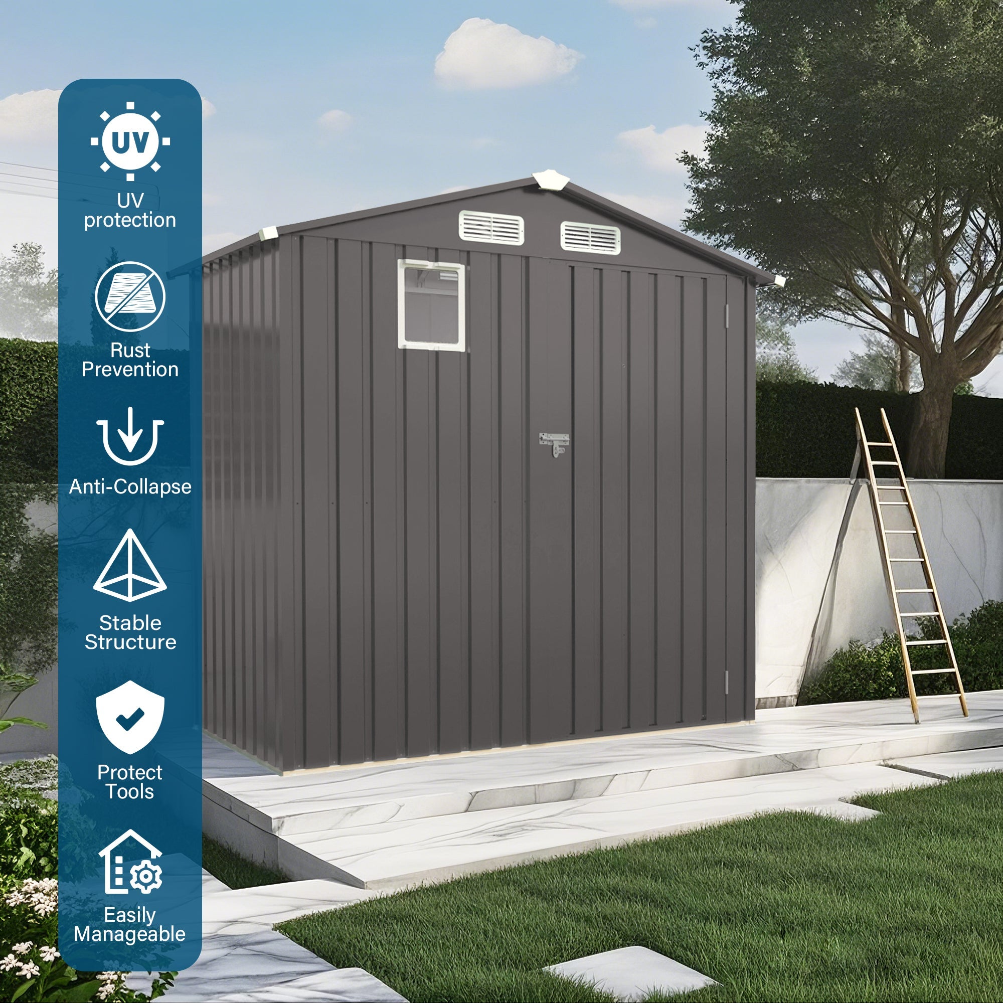 6X3.5FT Compact Metal Outdoor Storage Shed with Peaked Roof and Lockable Door, Gray,