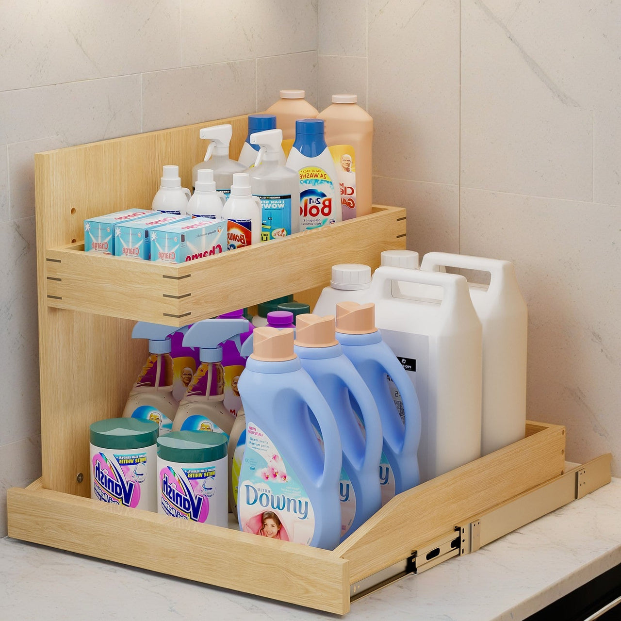 Under Sink Organizers and Storage 19½' W x 21' D, 2 Tier Pull Out Cabinet Organizer with Hard Close, Adjustable Pull Out Cabinet organizer with U Bracket for Bathroom Kitchen(Left)