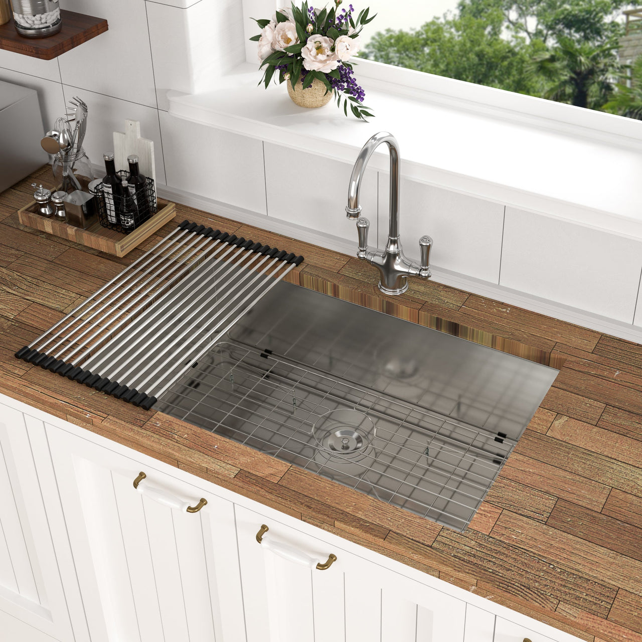 Modern Brushed Nickel 33 Inch Undermount Stainless Steel Kitchen Sink 16 Gauge, 9 Inch Deep Single Bowl