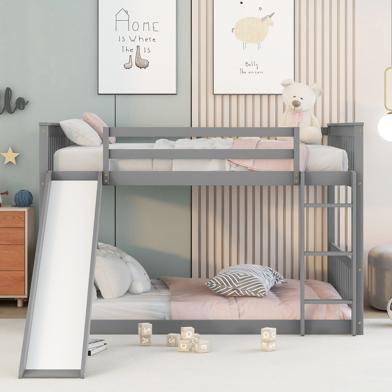 Masonstine Full over Full Bunk Bed with Slide and Ladder, Grey