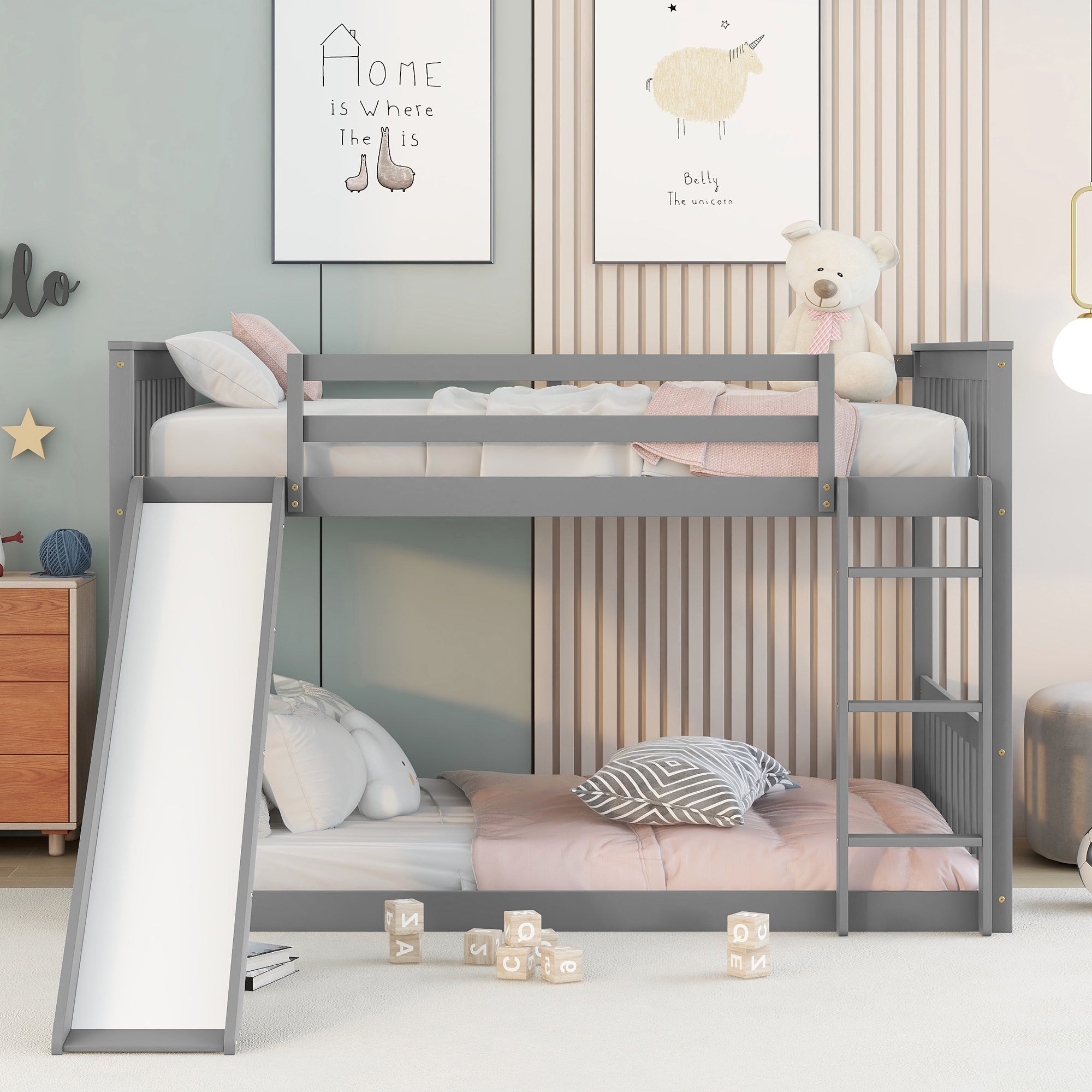 Masonstine Full over Full Bunk Bed with Slide and Ladder, Grey