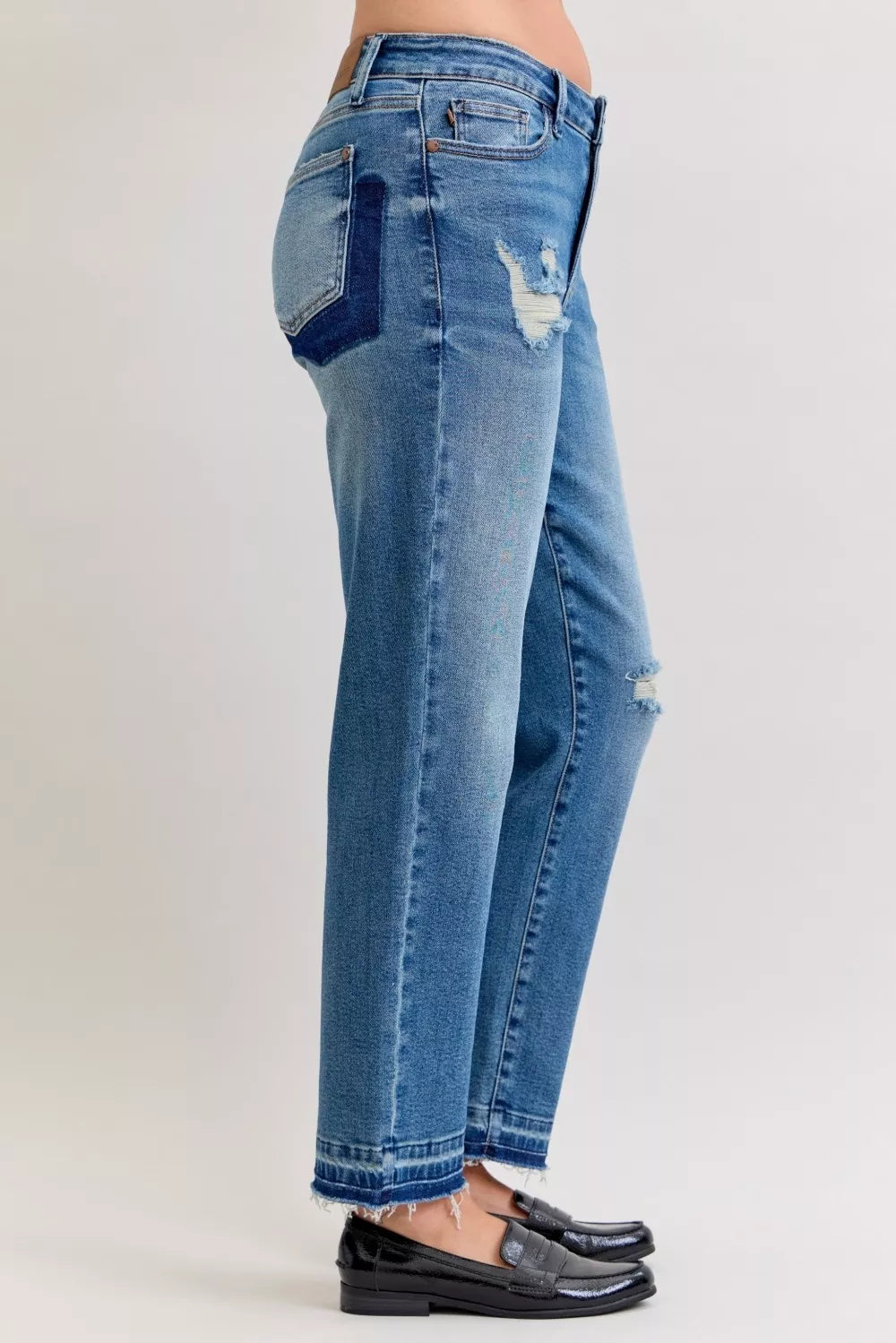 Judy Blue Full Size Mid Rise Bf Patch & Repair Destroyed Release Hem Jeans Plus Size