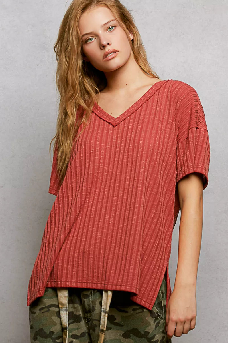 POL Ribbed Knit V-Neck Short Sleeve T-Shirt with Side Slit