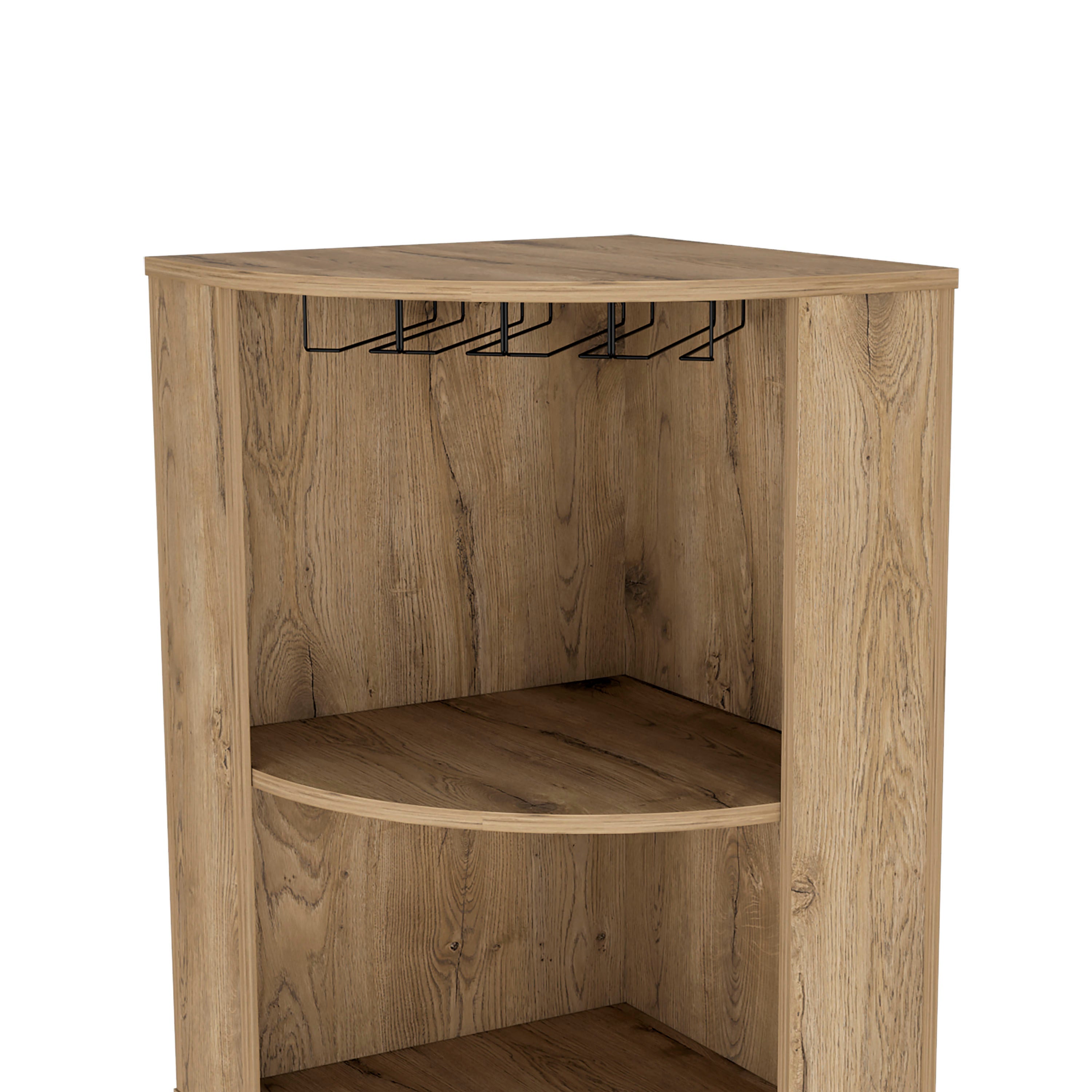 Corner Bar Cabinet 71'H with Five Shelves, Eight Bottle Cubbies and Stemware,Macadamia