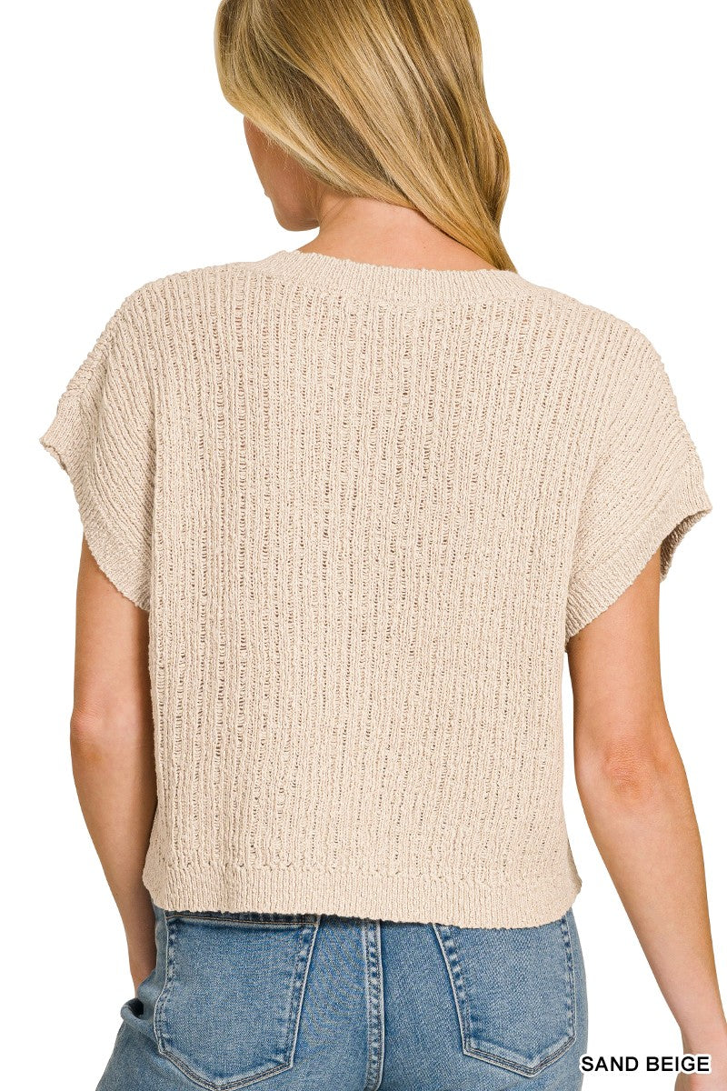 Zenana Textured Knit V-Neck Cropped Sweater