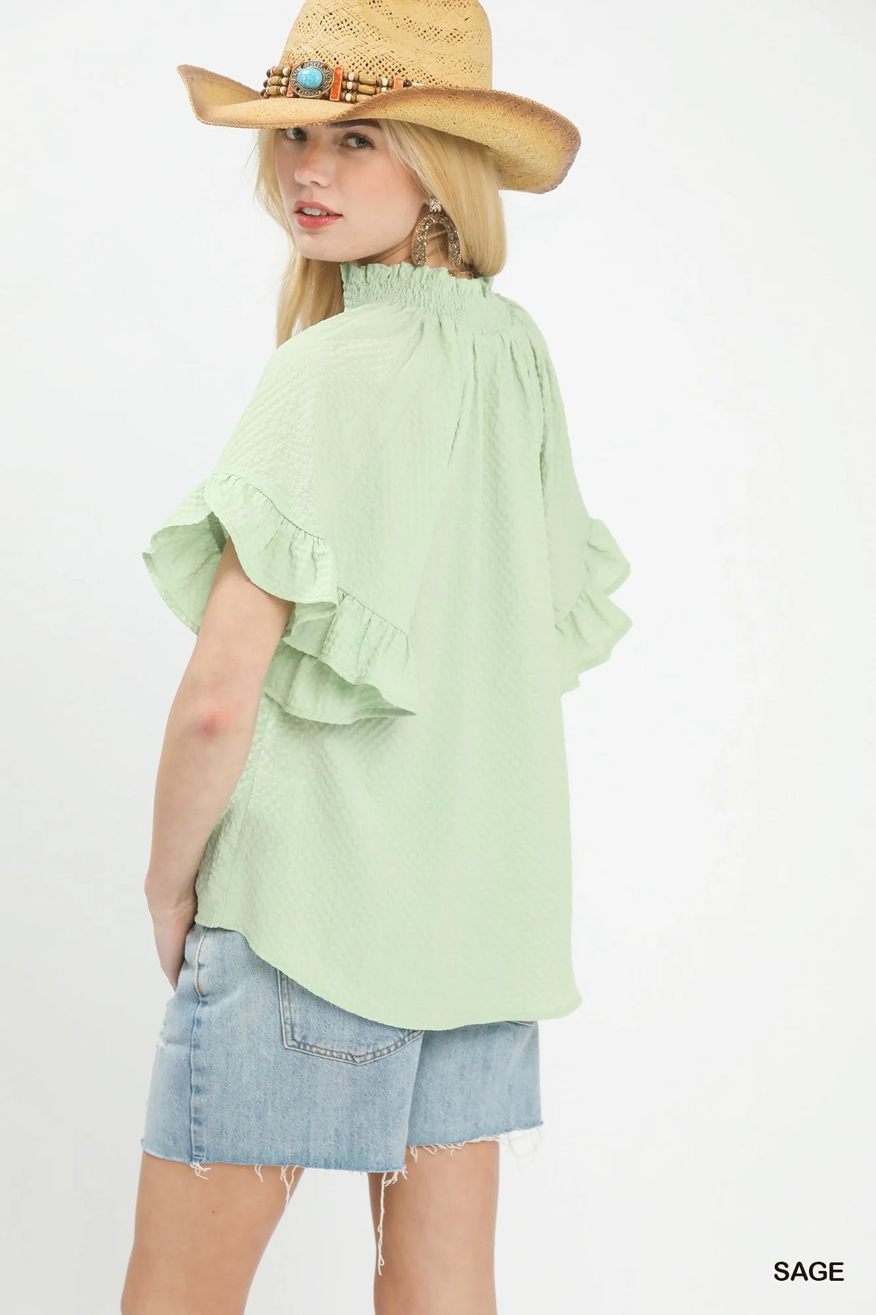 Umgee Textured Ruffle Sleeve Blouse
