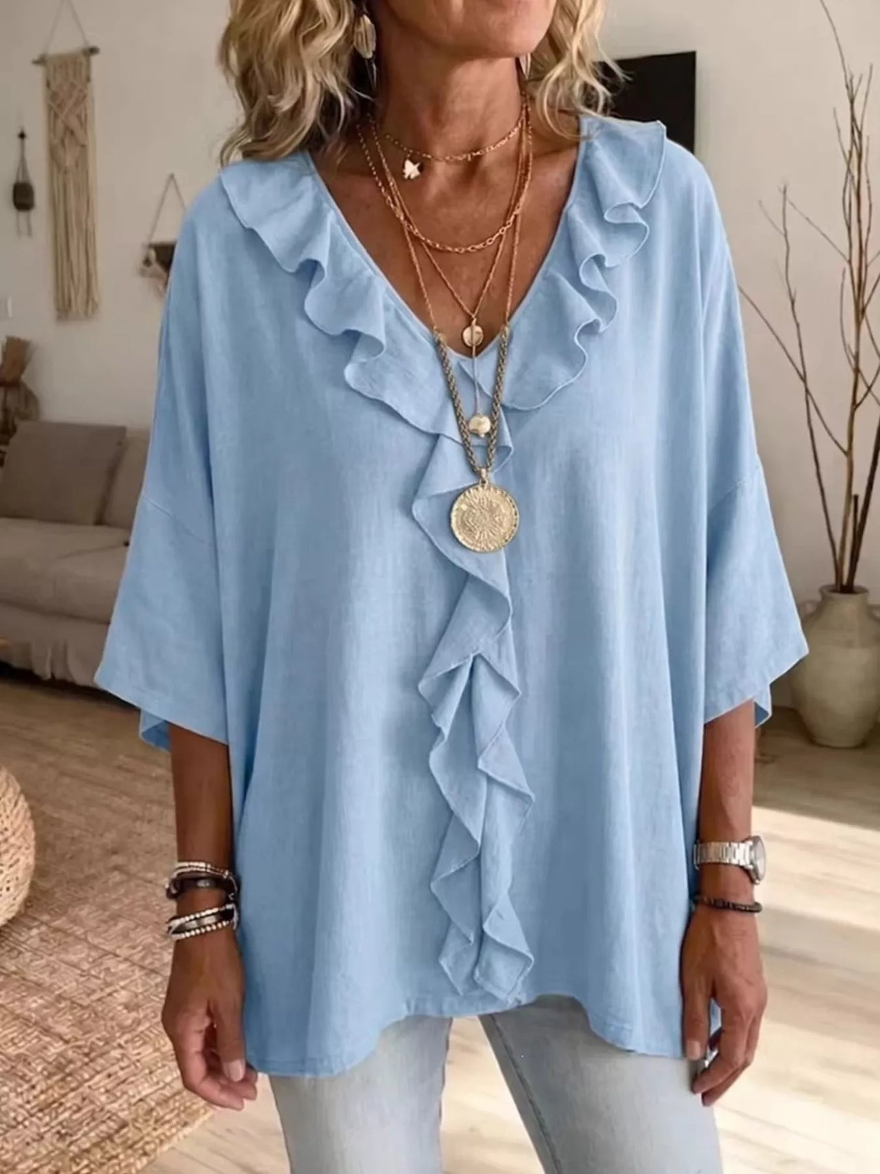 Full Size Ruffle V-Neck 3/4 Sleeve Blouse Plus Size