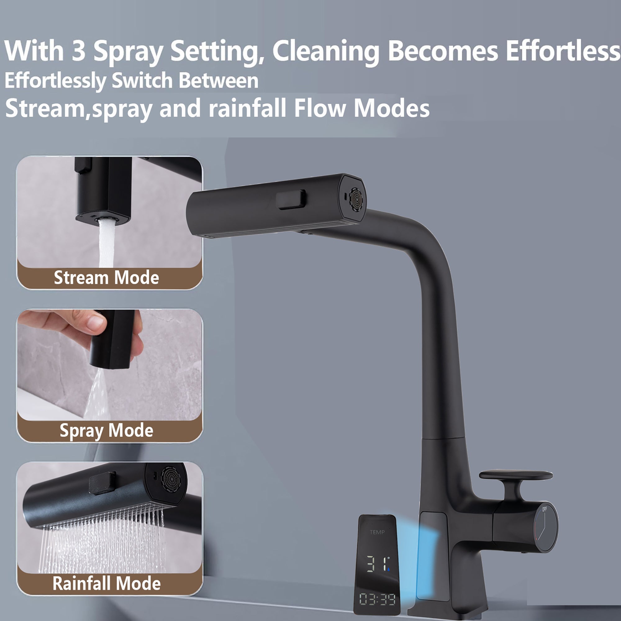 Modern Matte Black Waterfall Kitchen Faucet with Temperature Display and Pull Down Sprayer, Zinc Construction, 15.75-Inch Height
