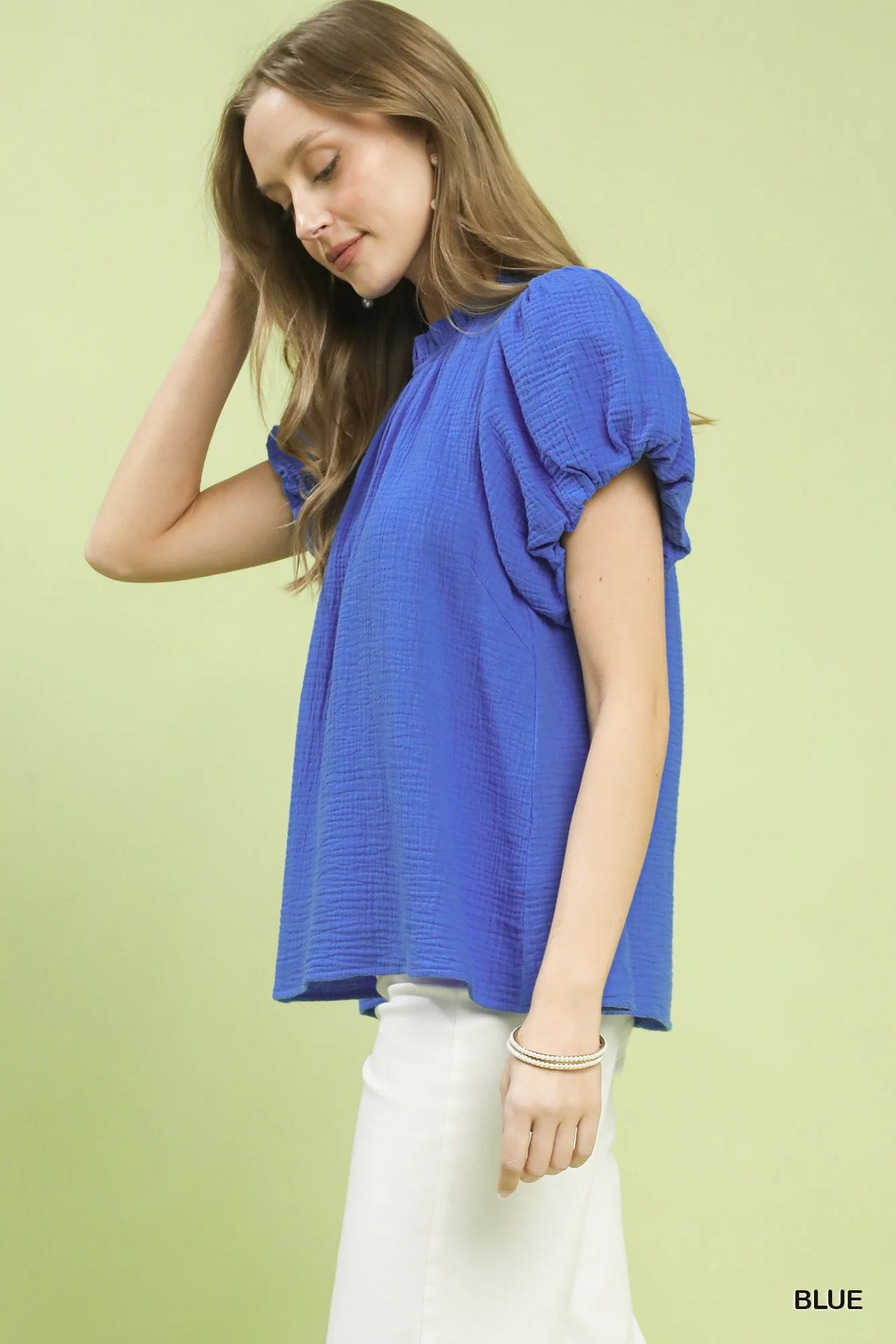 Umgee Textured Gauze Ruffle Neck Boho Top