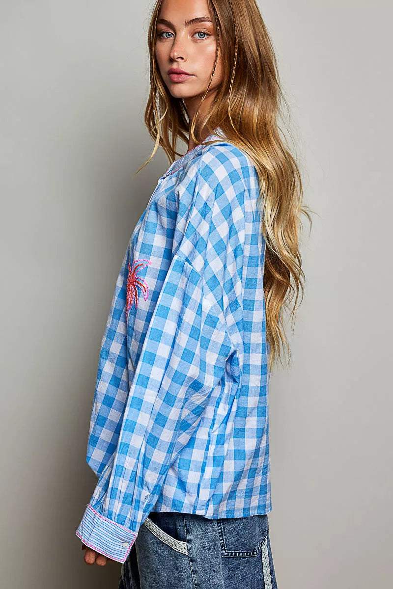 POL Gingham Embroidered Palm Tree Blouse