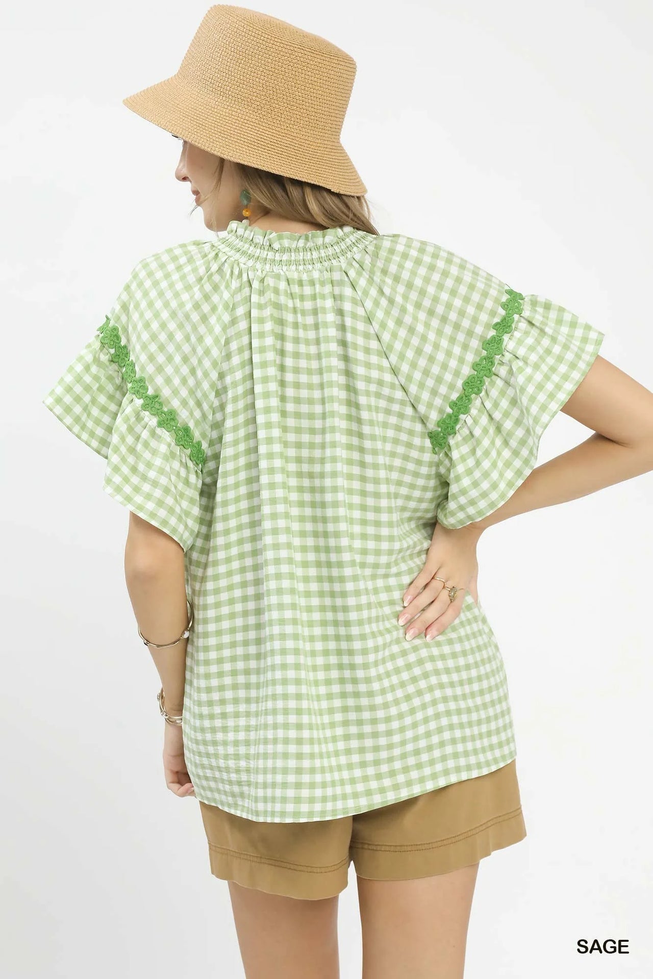Umgee Gingham Lace Trim Top