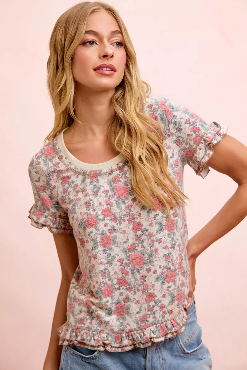 BiBi Rose Printed Slub Knit Ruffled Sleeves Top
