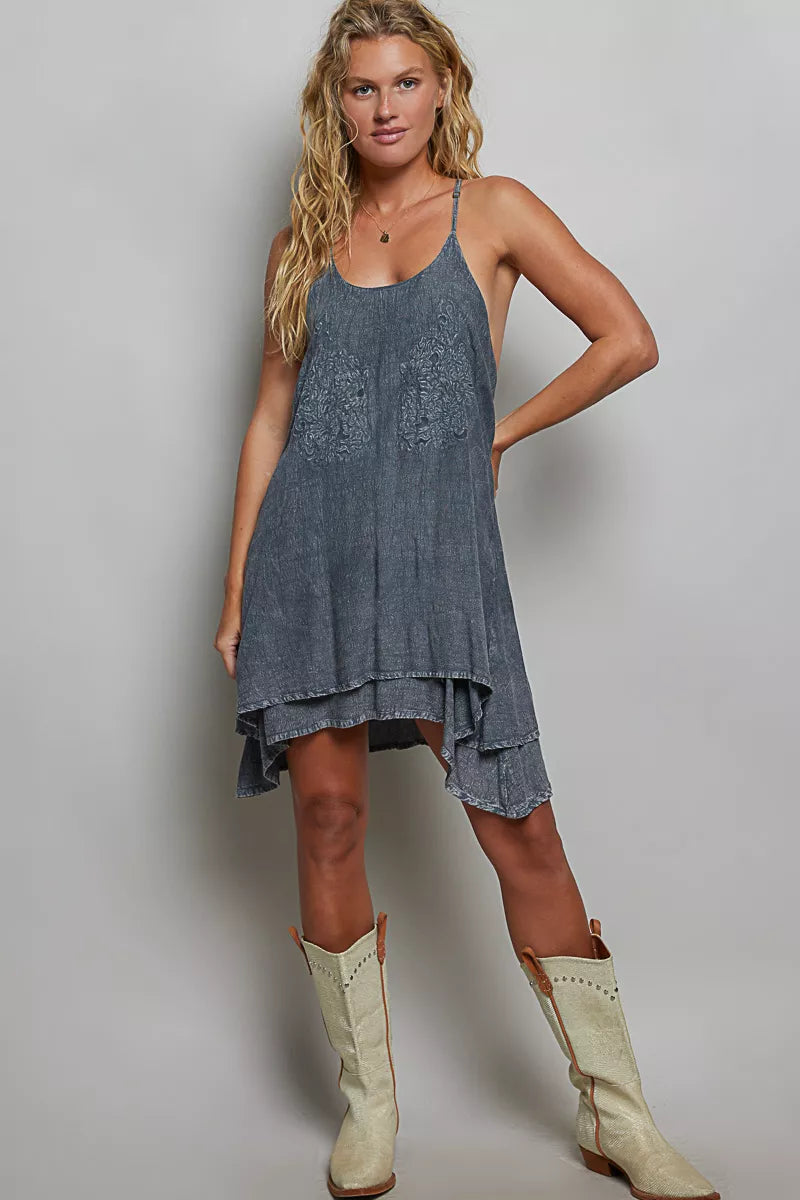 POL Embroidered Adjustable Strap Mini Dress