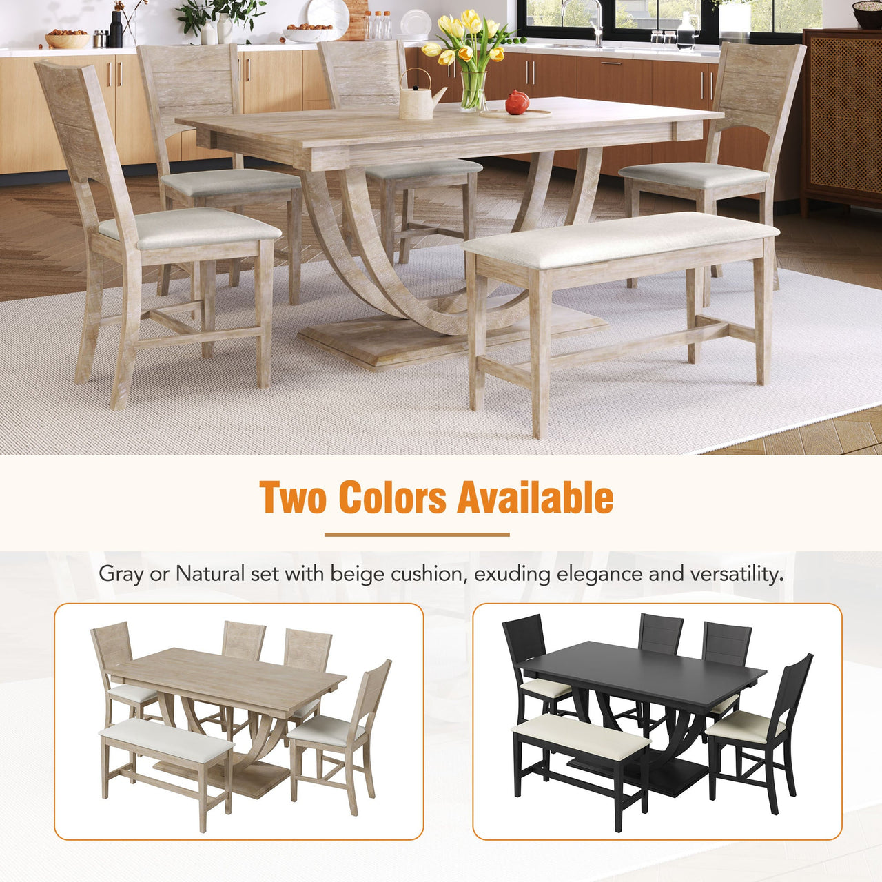 TOPMAX Modern Style Natural Wood 6-Piece Dining Table Set with Bench and Chairs, Upholstered Seats, Rubberwood Frame