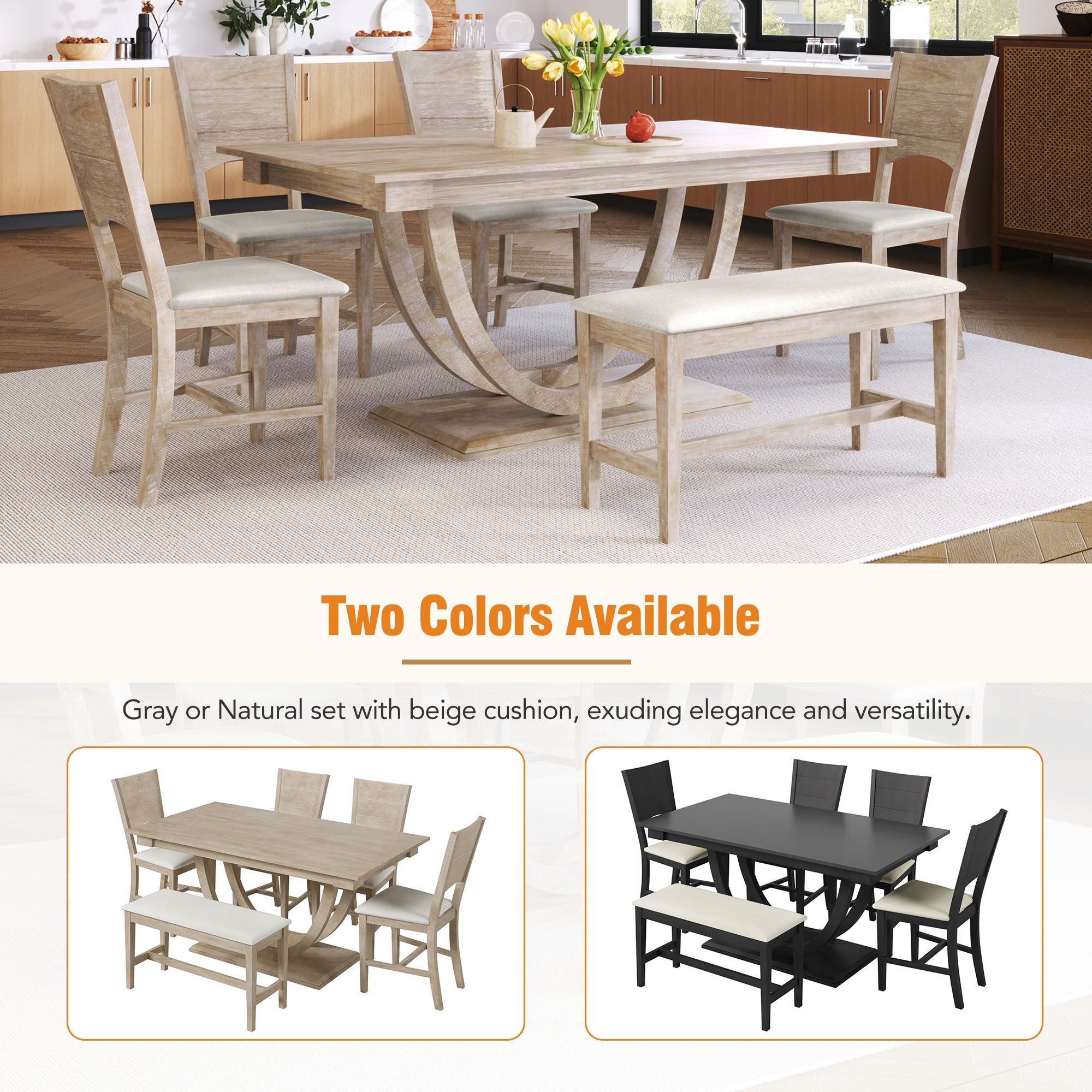 TOPMAX Modern Style Natural Wood 6-Piece Dining Table Set with Bench and Chairs, Upholstered Seats, Rubberwood Frame