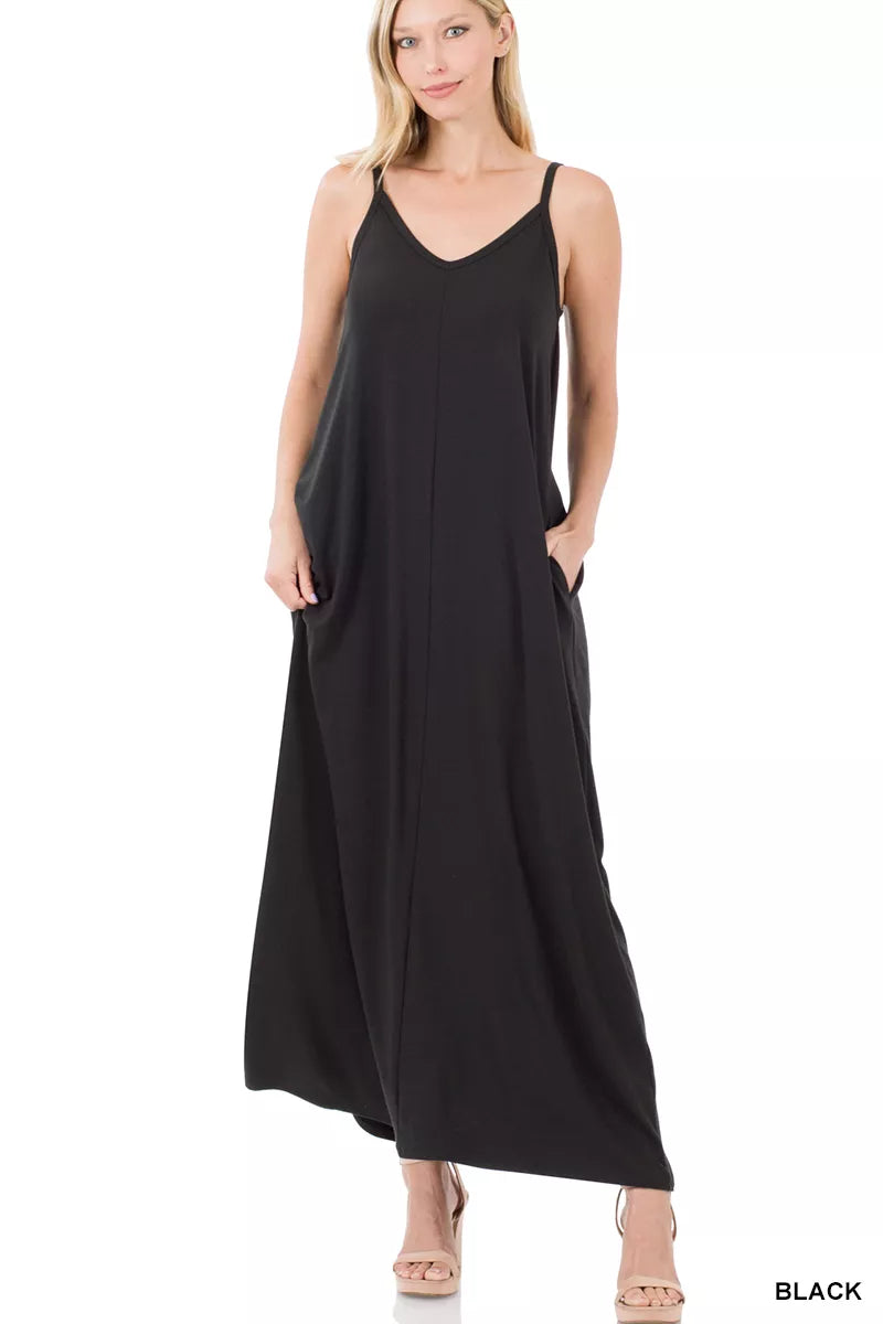 Zenana V-Neck Cami Maxi Dress with Side Pockets