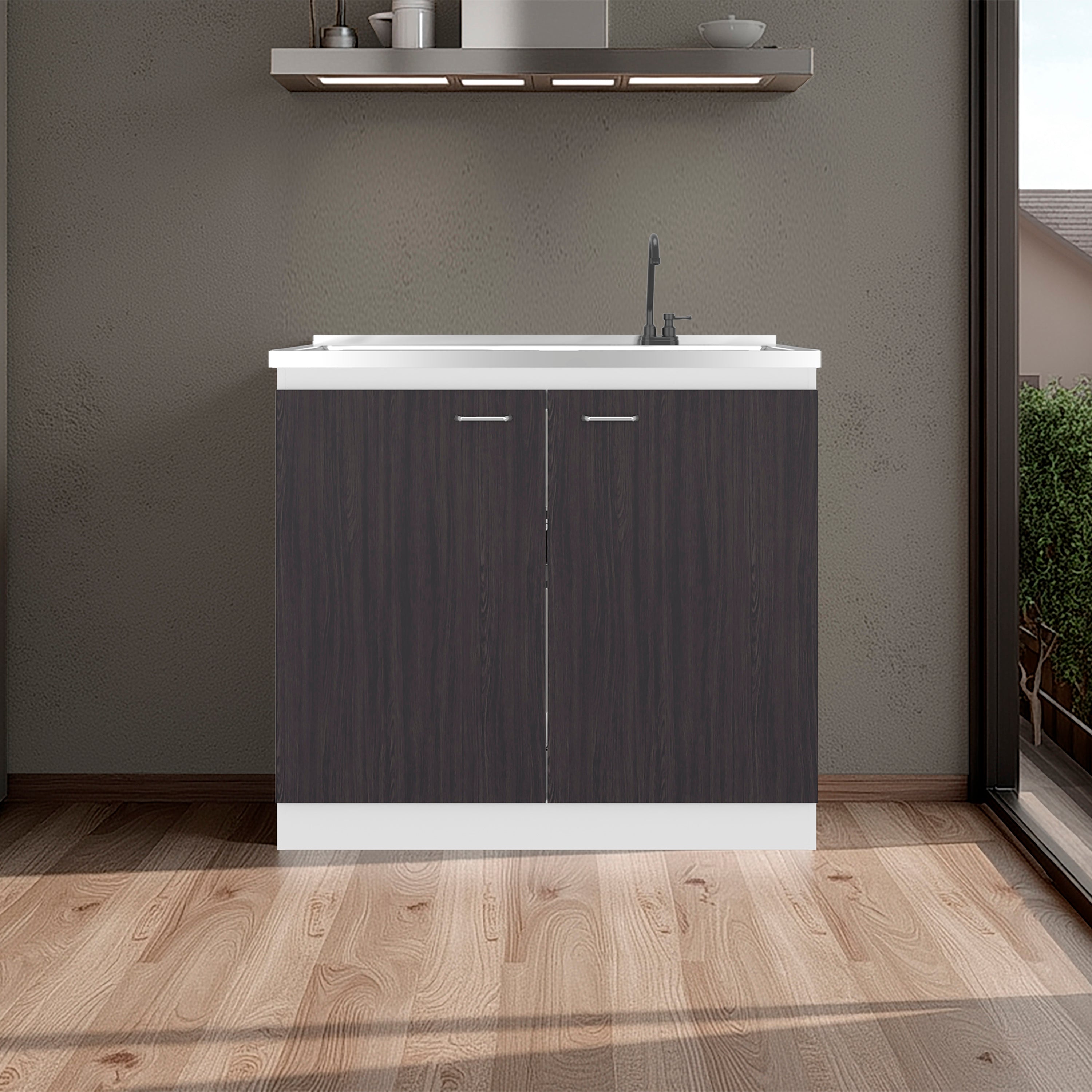Napoles Utility Sink with Faucet Inclued and Integrated Stainless Steel Counter top, Freestanding cabinet with two doors, Metal Handles and Two interior shelves, Black & White Print