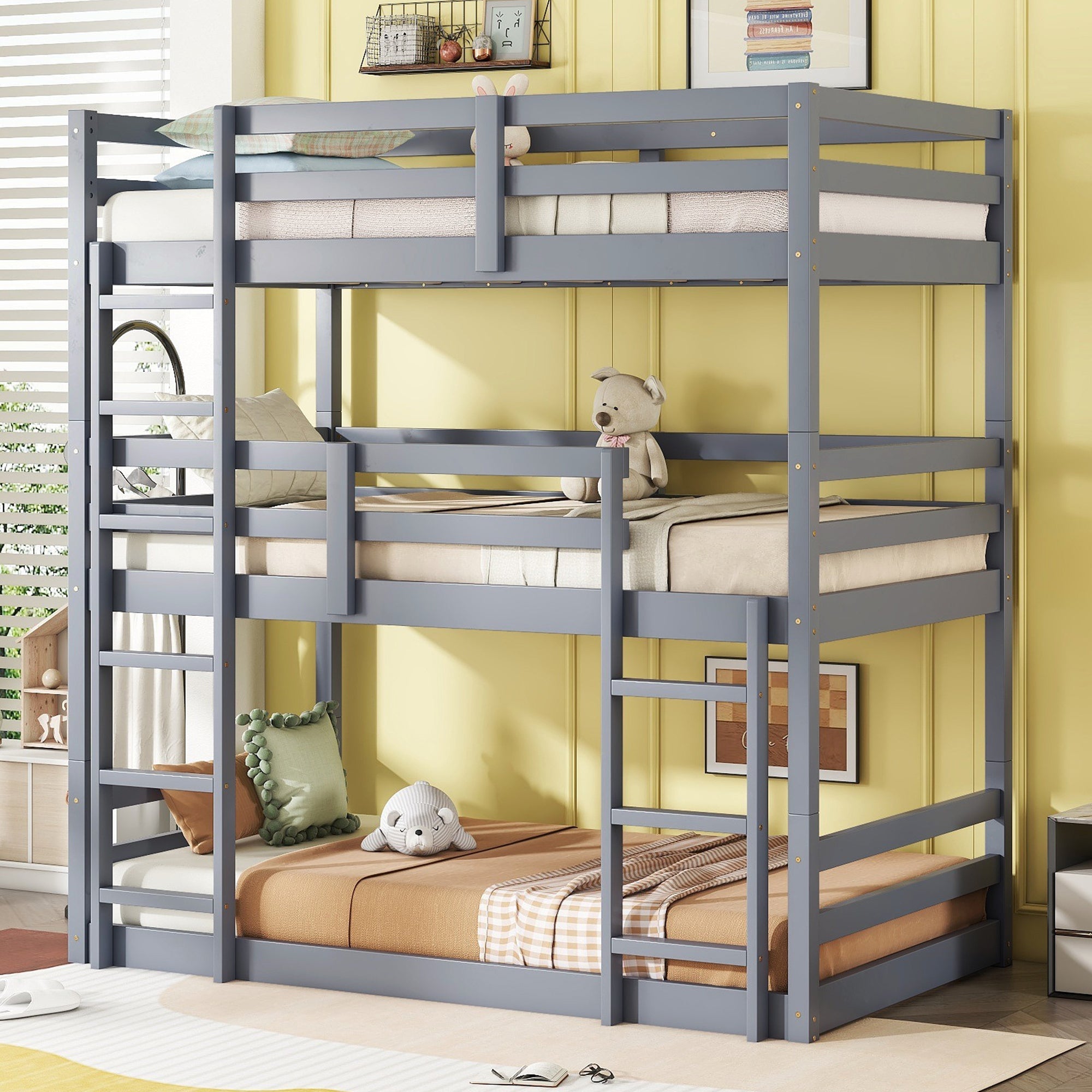 Triple Rubber Wood Bunk Bed with Two Built-in Ladders, Guardrails, Twin over Twin over Twin, Detachable Triple Twin Bunk Bed,Grey
