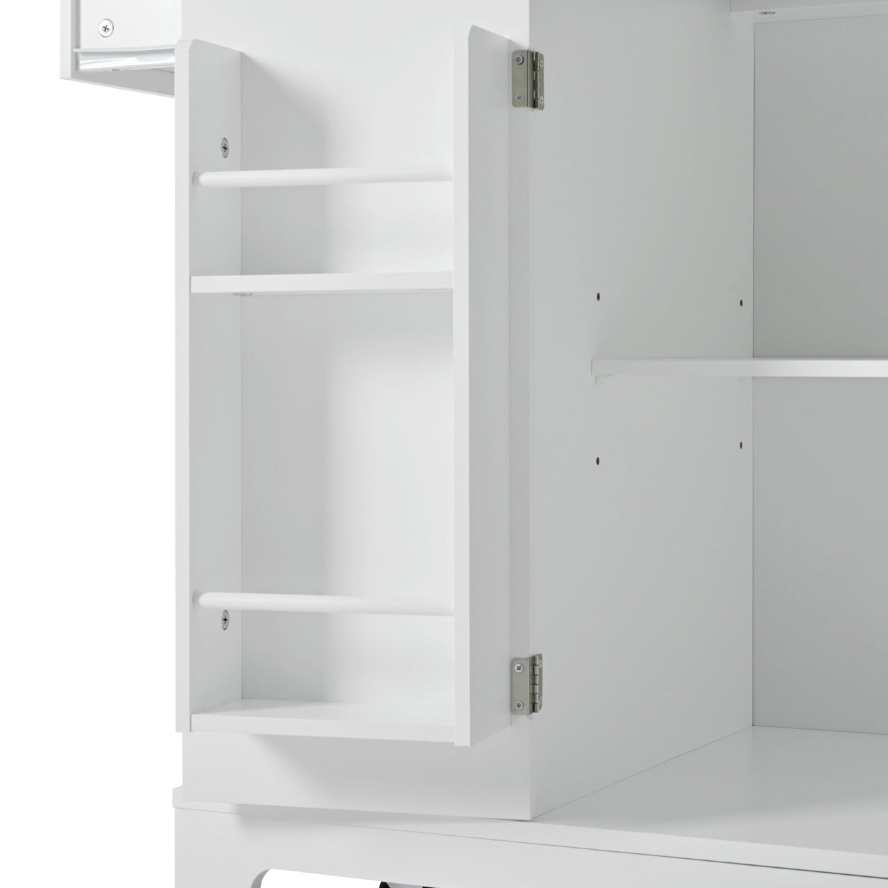K&K Fluted Kitchen Island with Trash Can Storage Cabinet, Power Outlet, Internal Storage Rack, Rolling Kitchen Islands on 5 Wheels with 3 Drawer, 3 Open Side Racks for 10 Gallon Garbage Bin, White