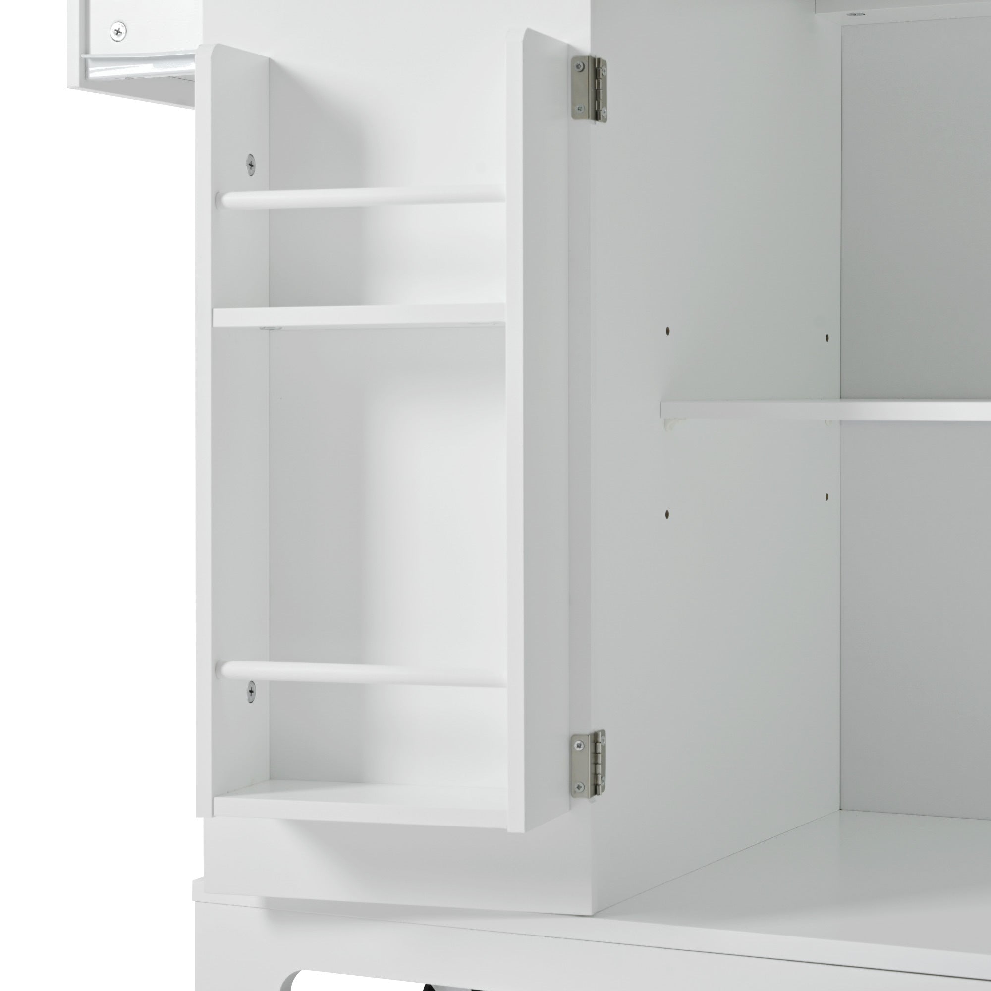 K&K Fluted Kitchen Island with Trash Can Storage Cabinet, Power Outlet, Internal Storage Rack, Rolling Kitchen Islands on 5 Wheels with 3 Drawer, 3 Open Side Racks for 10 Gallon Garbage Bin, White