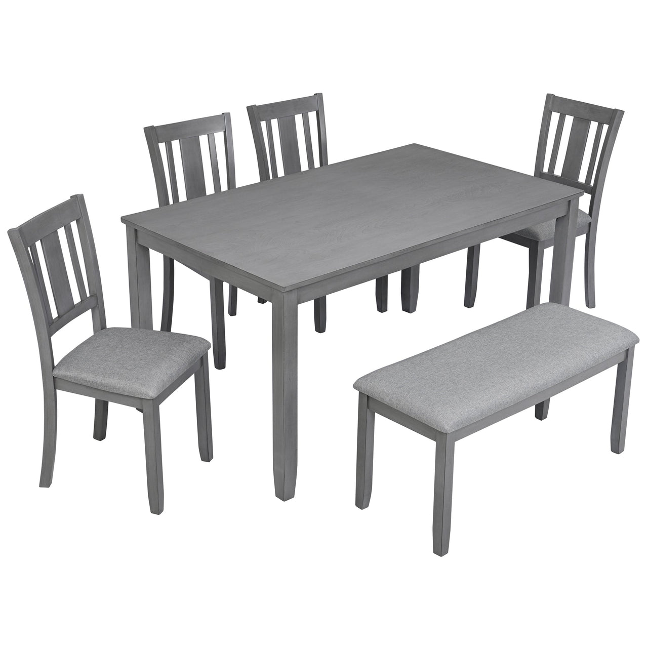 6PCs Kitchen Dining Set, Rectangular Wooden Dining Table with 4 Upholstered Chairs and a Bench, Dining Table Set for 6 People, Living Room, Home Bar and Kitchen, Gray