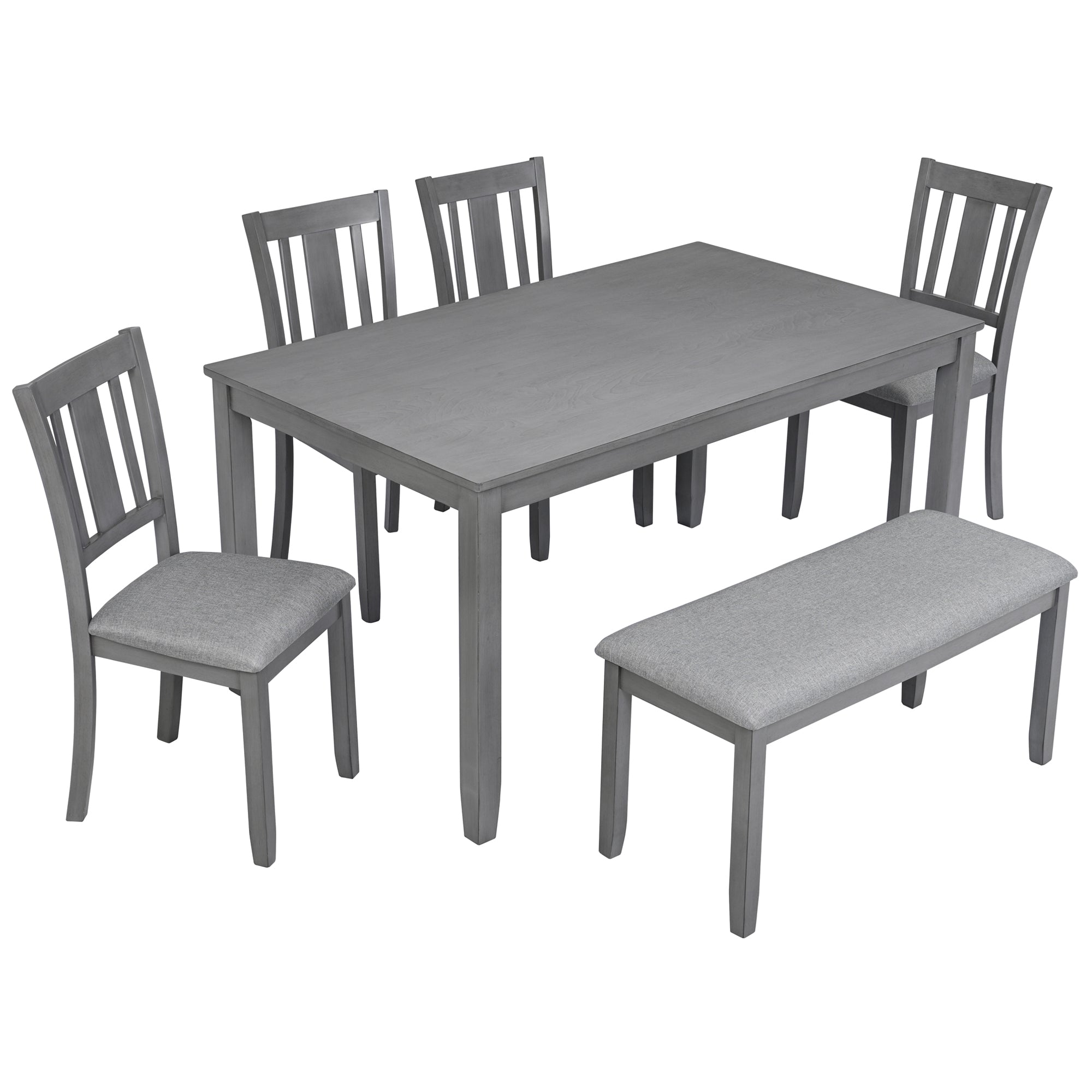 6PCs Kitchen Dining Set, Rectangular Wooden Dining Table with 4 Upholstered Chairs and a Bench, Dining Table Set for 6 People, Living Room, Home Bar and Kitchen, Gray