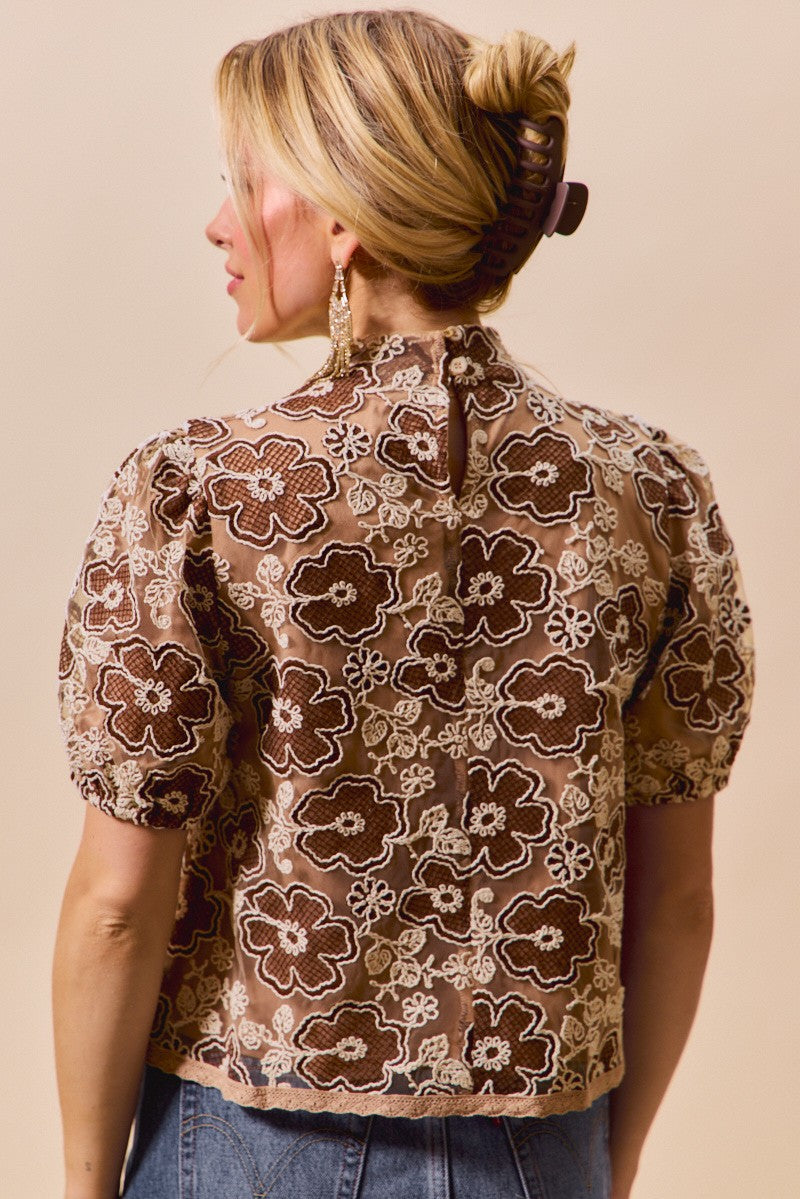 SO ME Texture Floral Mesh Top With Back Button Closure
